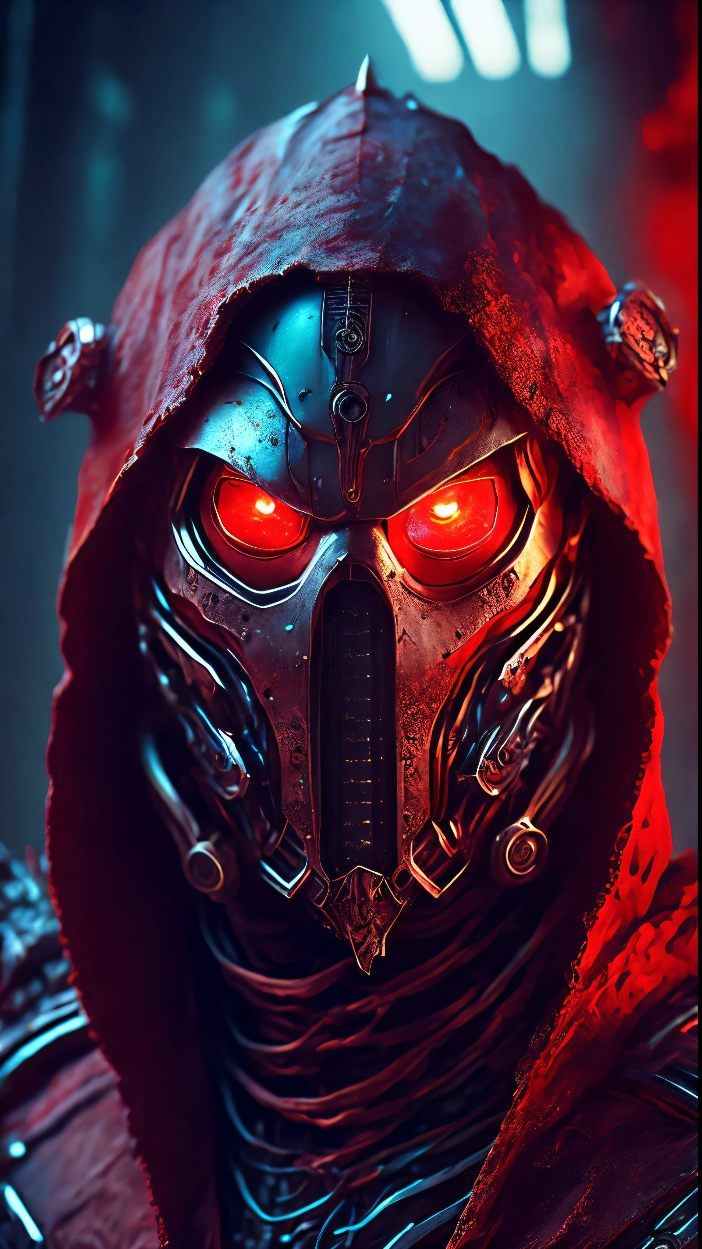 breathtaking cinematic science fiction photo of a portrait of a non human masked Grim wrapped in red chrome metal skin, body full glowing metrics inside, glowing multicoloured eyes, multifaceted eyes, metallic arms, inside a destroyed building, extremely menacing creature, highly detailed, award-winning