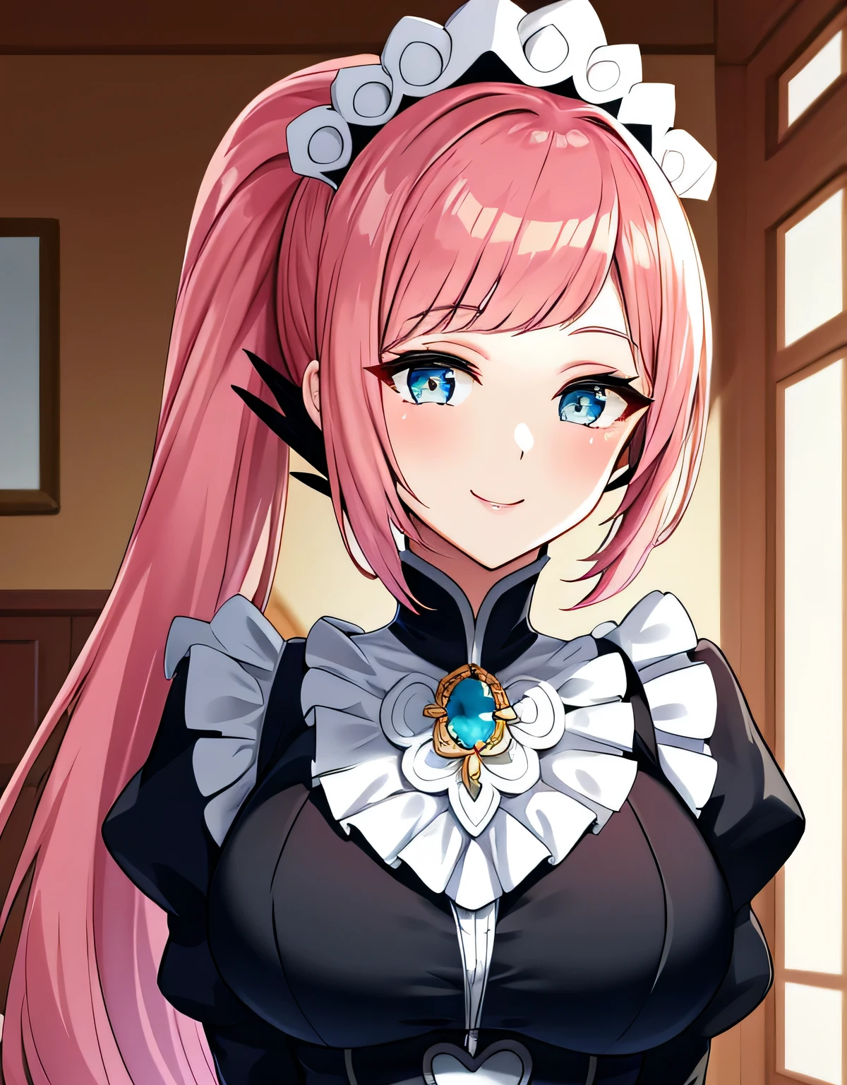 feliciadef,maid,maid headdress,(big breasts:1.5),shiny,hair,((alone)),((masterpiece)),((highest quality)),perfect anatomy,slim waist,perfect image,8k uh,(detailed and beautiful eyes:1.5),highly detailed face,Are standing,(Upper body:1.1),(look ahead:1.1),back arm,Super detailed,disorganized,High resolution,indoor hall,light smile,pink hair,(light blue eyes),