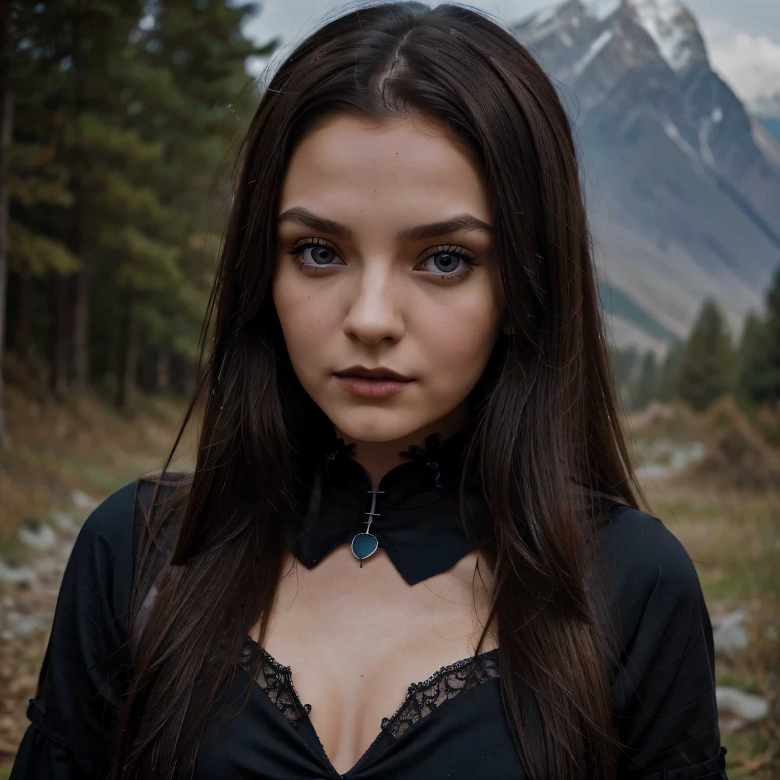 Albanian, girl, long brown hair, blue eyes, Brunette, Himalayan mountain ranges, Harmony, Gothic choker, Posed photo, Natural beauty, Brunette girl, Wednesday Addams costume, Serious pose, Gothic attire, Enchanting gaze