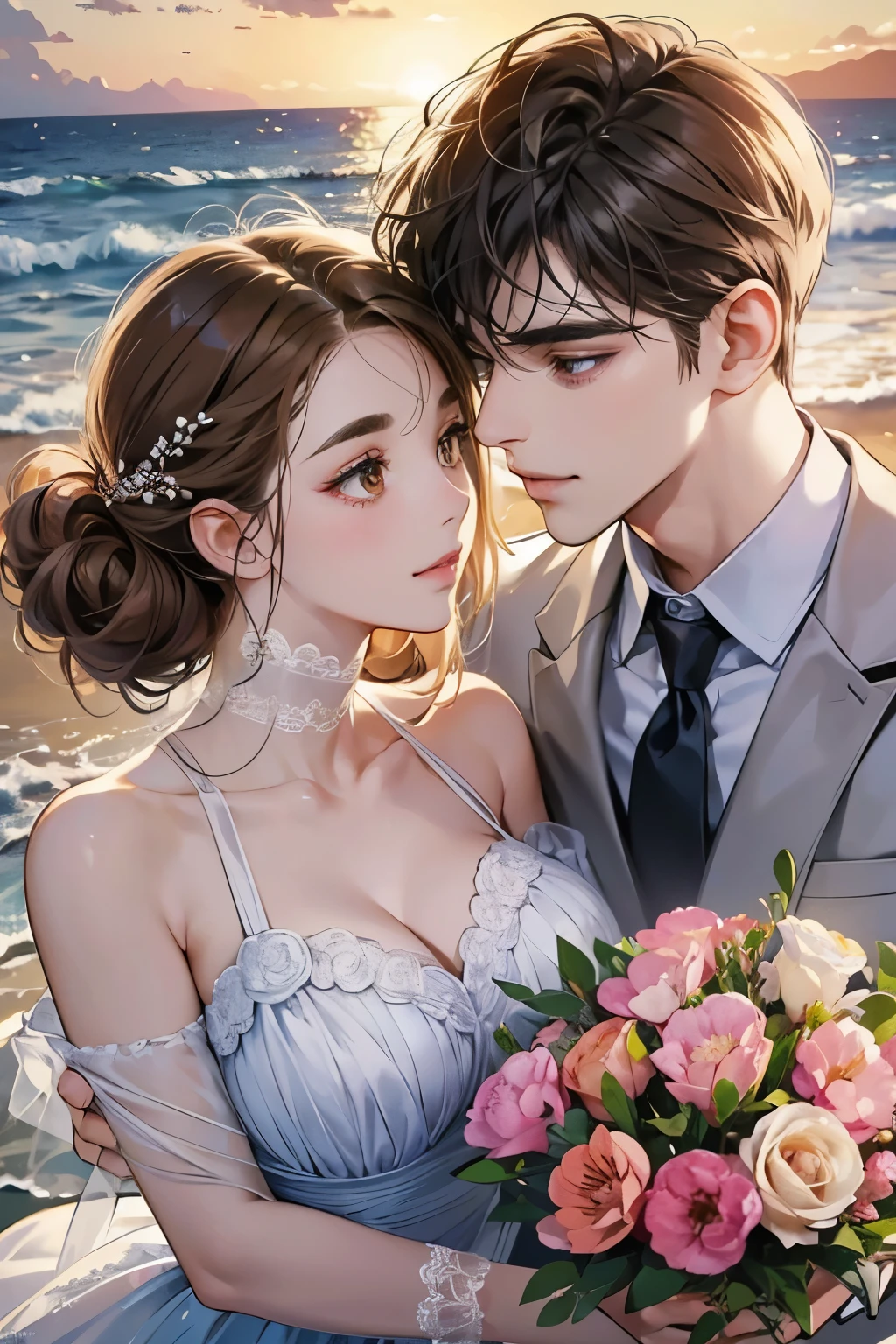 (table top, digital art, digital illustration, 4k, 8k, super detailed, beautiful images, clear image, realistic, RAW photo, perfect face, perfect lines, perfect eyes, soft lighting) 1 female, (light brown hair,chignon hair,innocent look,droopy eyebrows,droopy eyes,With a round face,round chin、innocence,cute,Big eyes,natural makeup,smile gently,E cup,23 years old:1.3),Two handsome men in suits, (human,man wearing a suit,muscular,solid shoulder width,adult male,boyish hairstyle,A man in his 30s with a cool expression,28 year old man with a bright smile:1.2),coastal、beach wedding,(embarrassing,shy smile,bouquet:1.2),Sea side、kiss、カップルkiss、romance porn、couple looking at each other、couple hugging each other