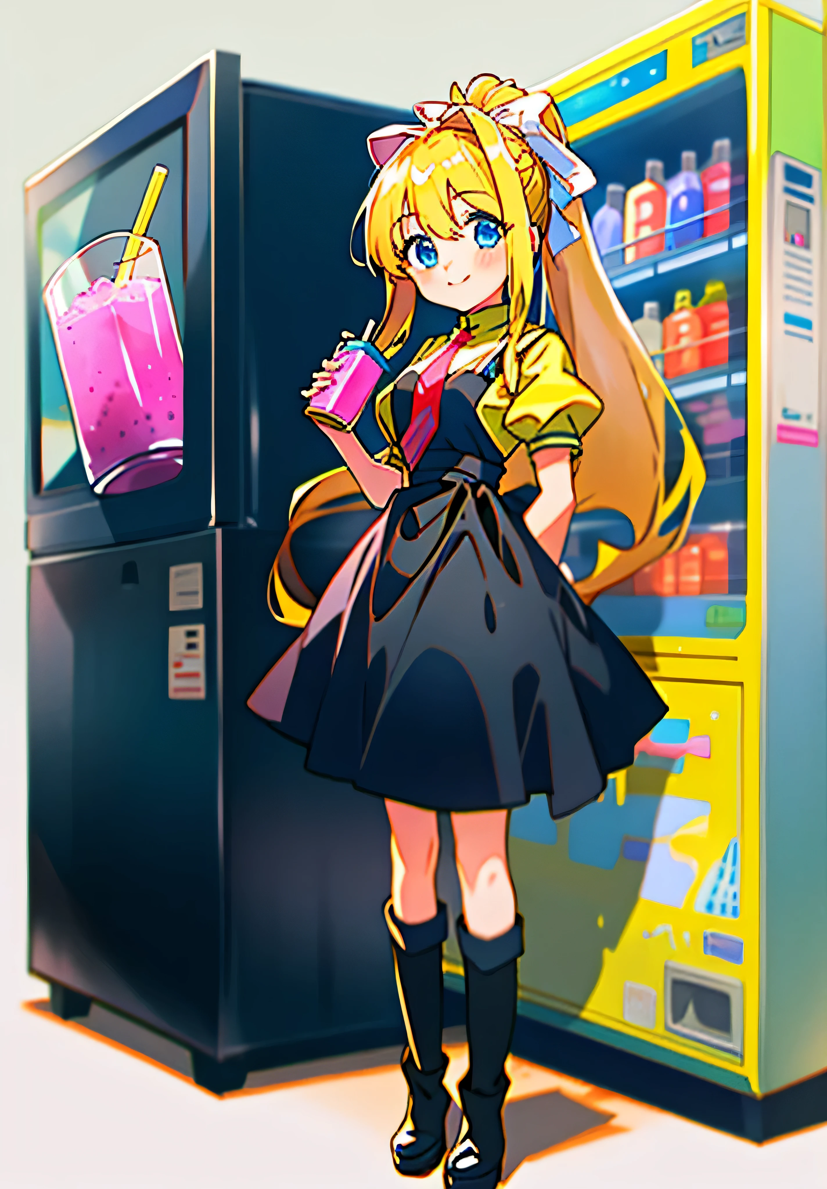 1girl, best quality, hdr, kamio misuzu, AIR, blue eyes, long hair, blonde hair, ponytail, white ribbon on hair, , black dress, yellow shirt, red tie, extra long black socks, black boots, holding one pink juice box in each hand, looking at viewer, offering to viewer what she has on hand, smiling, standing in front of a vending machine, full body, sunny, summer