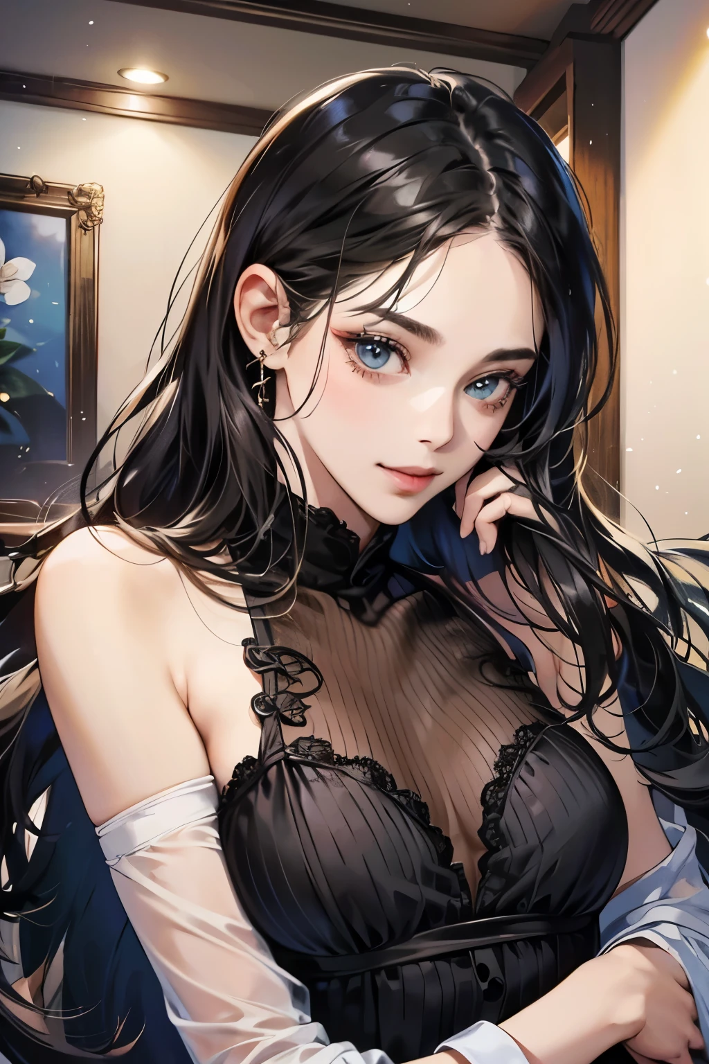 (table top, digital art, digital illustration, 4k, 8K, Super detailed, beautiful images, clear image, realistic, Raw photo, perfect face, perfect lines, perfect eyes, soft lighting) 1 female, (long black hair,One Len、straight hair、bullish look,Beautiful woman,suit,solid makeup,small breasts、23 year old female,:1.3),secretary, suitを着たハンサムな男性 2 人, (human,suitを着た男,muscular,solid shoulder width, human,boyish hairstyle,british gentleman's style,A man in his 30s with a cool expression,28 year old man with a bright smile:1.2),Light-filled living room、chocolate、couple、coupleキス、romance、romanceポルノ、look at each other、hug each other