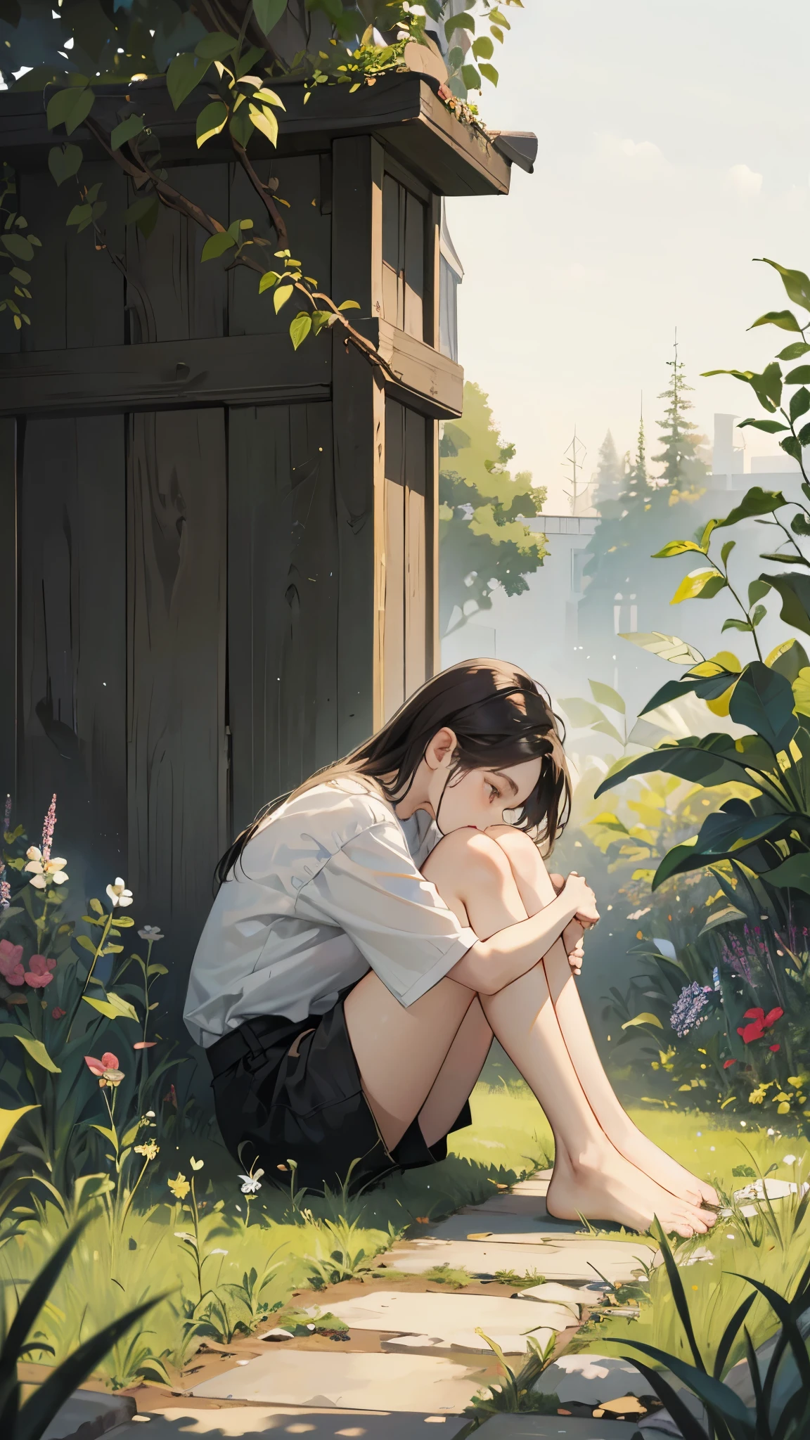  cinematic artwork, muted colors, emotional, simple, deep, a girl sitting on the ground, on a garden,hugging the legs, bare feets, sad, depressing, wearing a oversized white shirt, black shorts, 