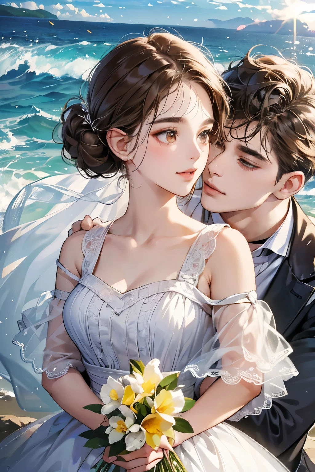 (table top, digital art, digital illustration, 4k, 8k, super detailed, beautiful images, clear image, realistic, RAW photo, perfect face, perfect lines, perfect eyes, soft lighting) 1 female, (light brown hair,chignon hair,innocent look,droopy eyebrows,droopy eyes,With a round face,round chin、innocence,cute,Big eyes,natural makeup,smile gently,E cup,23 years old:1.3),Two handsome men in suits, (human,man wearing a suit,muscular,solid shoulder width,adult male,boyish hairstyle,A man in his 30s with a cool expression,28 year old man with a bright smile:1.2),coastal、beach wedding,(embarrassing,shy smile,bouquet:1.2),Sea side、kiss、カップルkiss、romance porn、couple looking at each other、couple hugging each other