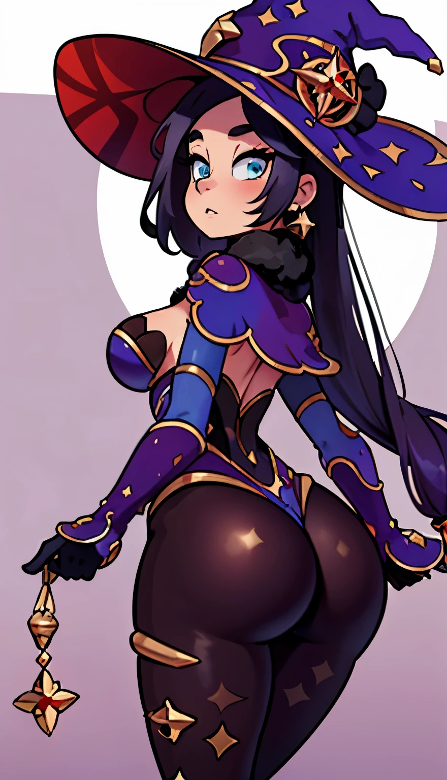 SFW, (huge ass), firm ass, slim waist, curvy figure, mona, mona_genshin_impact, witch hat, stockings , thin pants