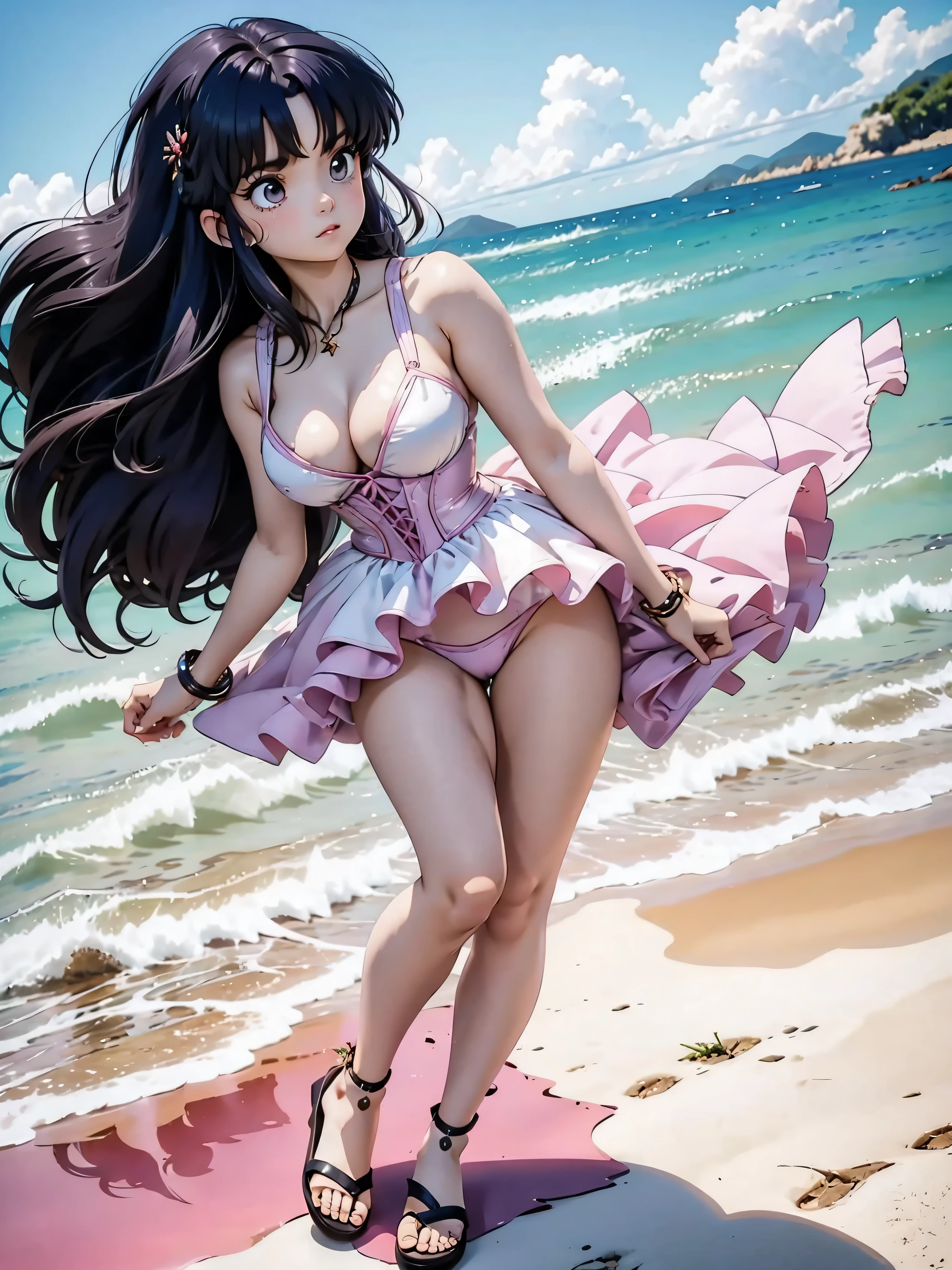 Dark-haired anime girl in pink swimsuit and corset, , corpo bonito, seios grandes, com as hands on chest, hands on chest, Garota sensual, purple cabelo, mechas de cabelo laterais, mechas de cabelo na lateral do rosto, beautiful lighting, sombras suaves, olhos azuis, pernas bonitas, cabelo curto, estilo anime, personagem Akane Tendo, Autora Rumiko Takahashi, Baseado em obra de Rumiko Takahashi, Anime Ranma 1/ 2, decote sensual, quadril robusto, corpo inteiro, corpo inteiro, busto grande, garota jovem com corpo belo e bonito, sandals on his feet, garota 16 anos usando maiô e corset pink, garota anime, estilo anime, beautiful feet in sandals, 45° viewing angle, ao ar livre, peito grande, seios bonitos, cabelo preto, sandals on the feet, pernas bonitas, sensual, belas pernas, Sandalias, seios grandes, corpo completo, corpo inteiro, feet with sandals, anime realista, saia, sarja roxa, postura reta, Postura reta