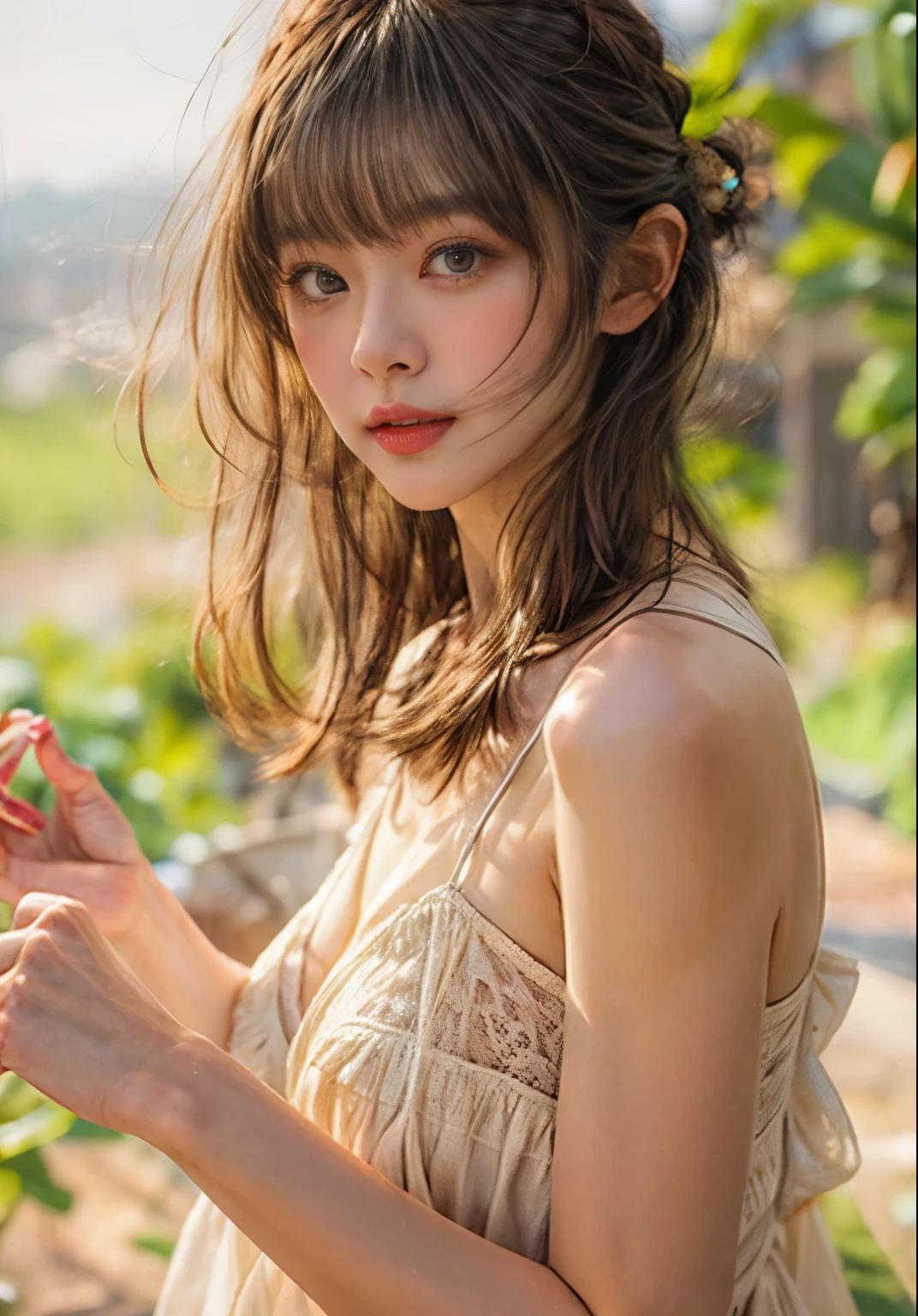 Outdoor Festival、The sun is very bright、choker。((light beige hair color、Side Ponytail:1.4))、Checked Skirt、No sleeve、Outdoor Shot、Cute clothes、Tie your hair up、cream hair color、Leather Belt、Her huge breasts are obvious even from her clothes.、Small earrings、Light brown hair color、Tie your hair up:1.4))、Shiny Hair、Light beige hair color、Background Blur、Braid only the front hair、Light brown hair、{{Cowgirl Shot}}、((Close-up shot from the waist up、Big Breasts:1.4))、Big Breasts、Smile、Silk clothing、Big Breasts that can be seen even through clothes、Braid only the front hair、Cowboy Shot、A luxurious white collared silk shirt and a checked skirt、Elegant attire、Luxury Bags、A lovely smile、((Skimpy clothing))、Full body photo、ring、Short skirt、Tuck your hair behind one ear、Silver Necklace、smile、 Elegant ponytail、Caustics、Highly detailed photos、Very beautiful and ideal medium hair、Big Breasts、Super no makeup、(8k、RAW Photos、highest quality、masterpiece:1.2)、(Realistic、Realistic)、1 girl、((Big Breastedium Hair、Looking into the camera:1.4))、Hair blowing in the wind