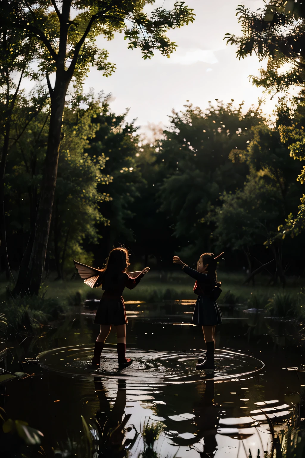 a little devil and a little angel dueling in a dark swamp