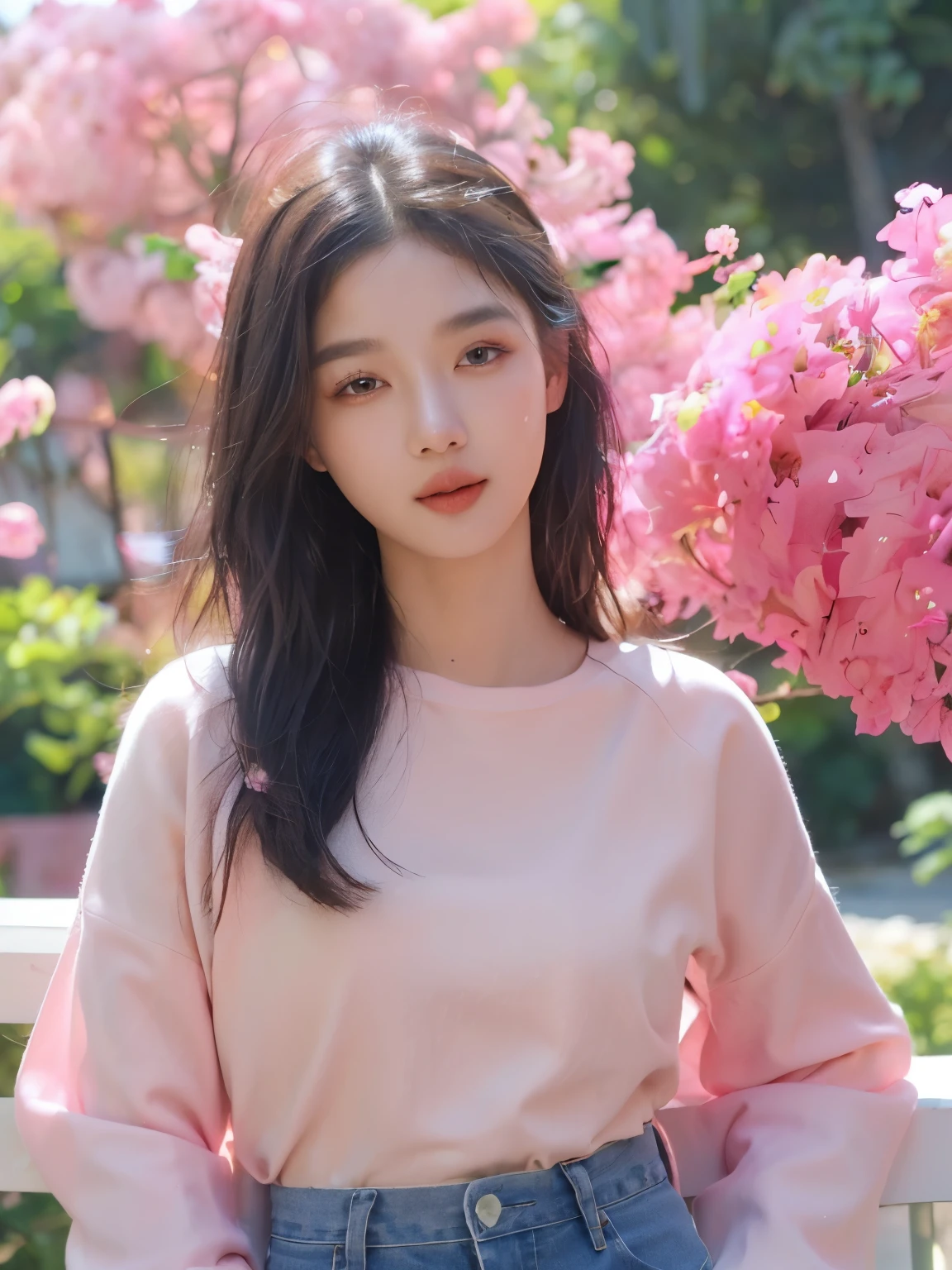 Beautiful Korean Girlfriend,(Highly detailed body, Highly detailed face, best quality:1.2) ,woman, Look at the viewer., (nice pink, jeans), (A mess of pink bougainvillea in the background.:1.4)