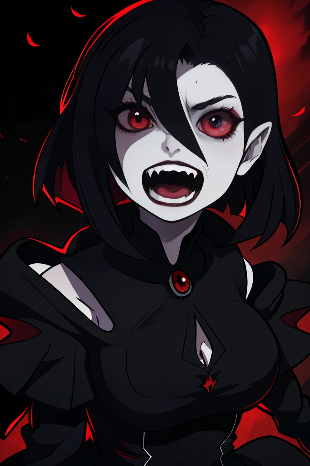 Vampire girl with short, sleek shoulder-length hair and fangs baring a menacing grin, her canine teeth prominently displayed, adding to her mysterious and alluring demeanor. Her eyes are piercing and radiant, capturing the attention of those around her. Her outfit, a form-fitting dress that accentuates her figure, completes the hauntingly beautiful image. The detail in her appearance is exquisite, from the sharp points of her fangs to the soft curves of her body, making this vampire girl a captivating sight to behold.
This vampire girl is depicted in a dramatic, gothic style, with vivid colors and sharp contrasts