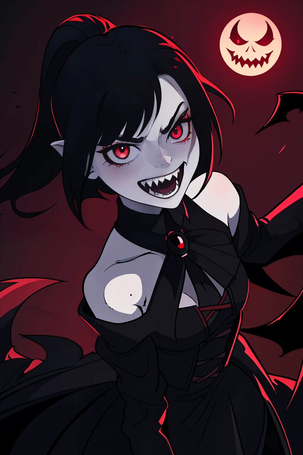 Red eyes, vampir teeth fangs, booldy face, blood out of mouth, smirk,bat wings, scary smile, psychopathic smirk, psychopathic smile, scary, mouth opem, angry eyes, vampire, dark sky background, red + blue + green, glowing red moon