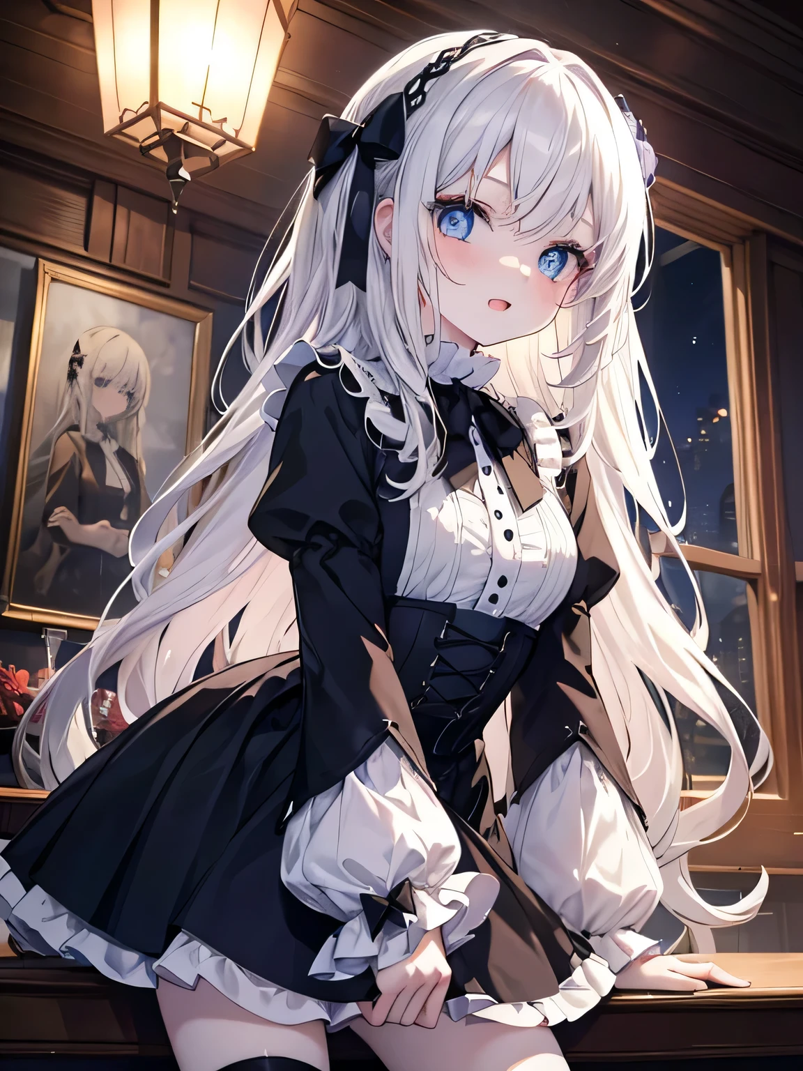 table top, highest quality, (perfect face:1.1), (high detail:1.1), (very detailed目), dramatic, Ultra-fine illustration, very detailed, 1 girl, teenager,(pale skin), long white hair, mysterious eyes, blue eyes,blush,alone,smile, Happy, smile, enjoy, open your mouth, swollen lips,cinematic lighting,Upper body,look up, leaning forward,long sleeve, Gothic Lolita, frills, ribbon,knee high socks,indoor,night