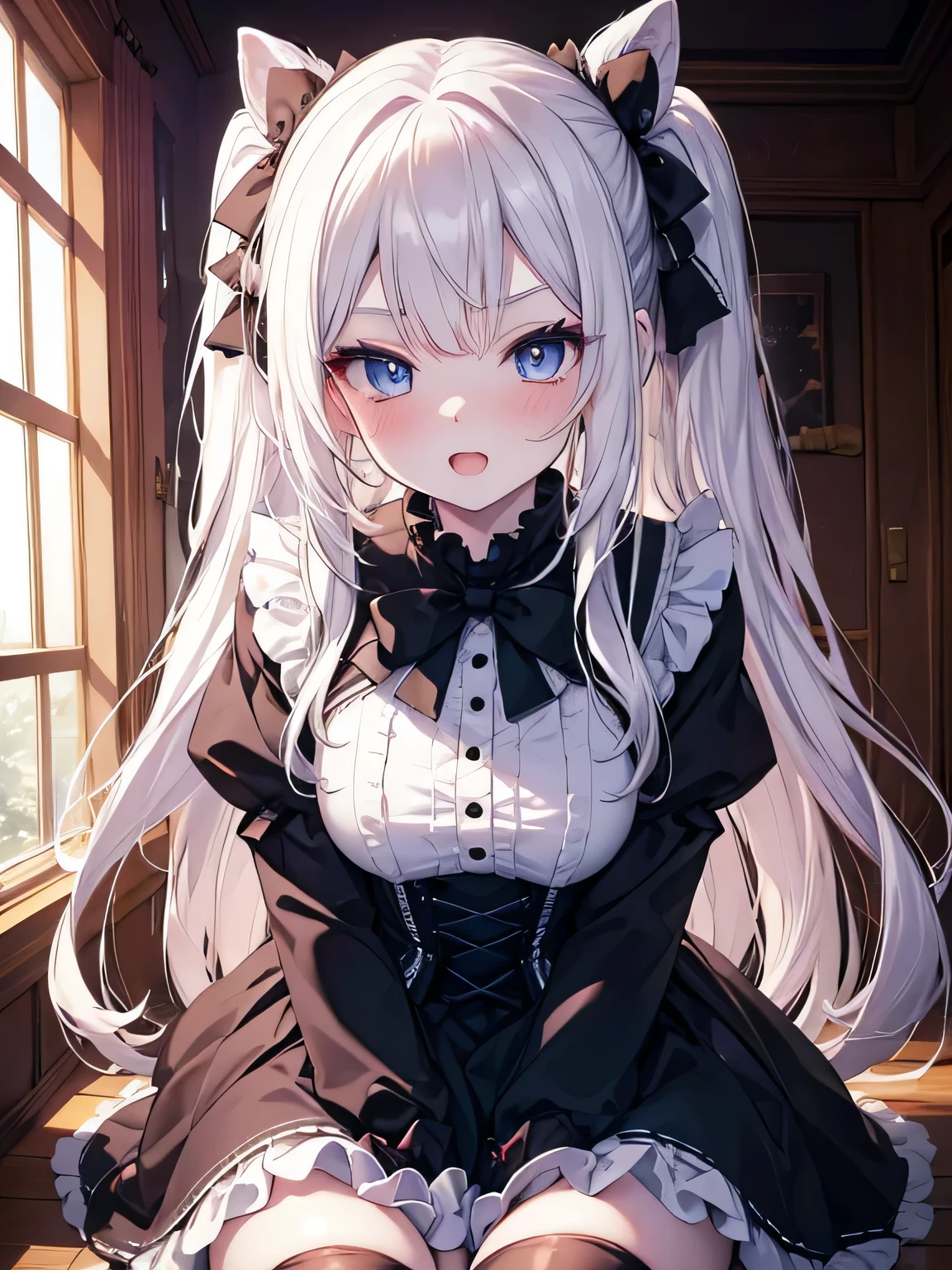 table top, highest quality, (perfect face:1.1), (high detail:1.1), (very detailed目), dramatic, Ultra-fine illustration, very detailed, 1 girl, ager,(pale skin), long white hair, mysterious eyes, blue eyes,blush,alone,smile, Happy, smile, enjoy, open your mouth, swollen lips,cinematic lighting,Upper body,look up, leaning forward,long sleeve, Gothic Lolifrills, ribbon,knee high socks,indoor,night