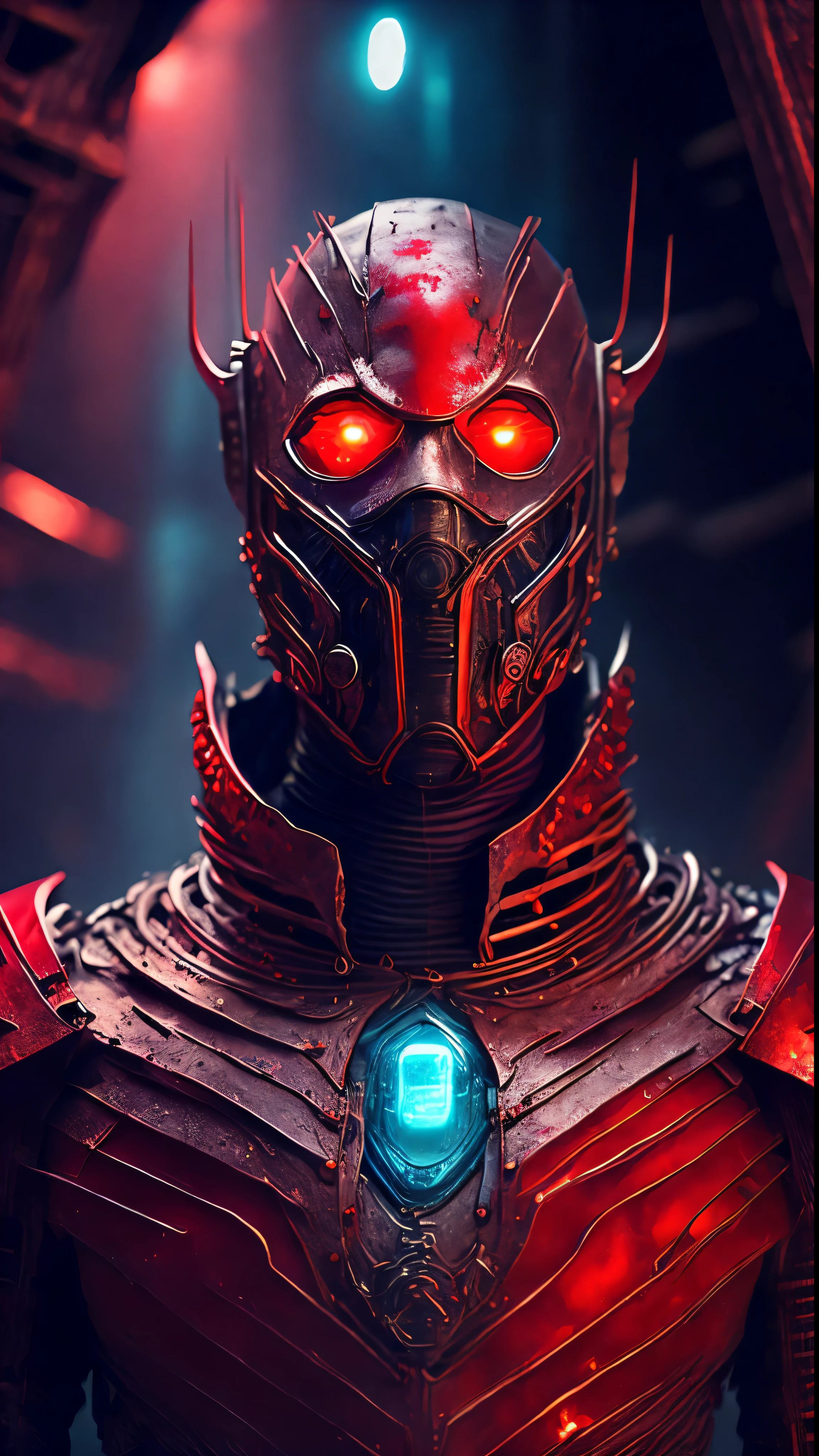 breathtaking cinematic science fiction photo of a portrait of a non human masked Grim wrapped in red chrome metal skin, body full glowing metrics inside, glowing multicoloured eyes, multifaceted eyes, metallic arms, inside a destroyed building, extremely menacing creature, highly detailed, award-winning
