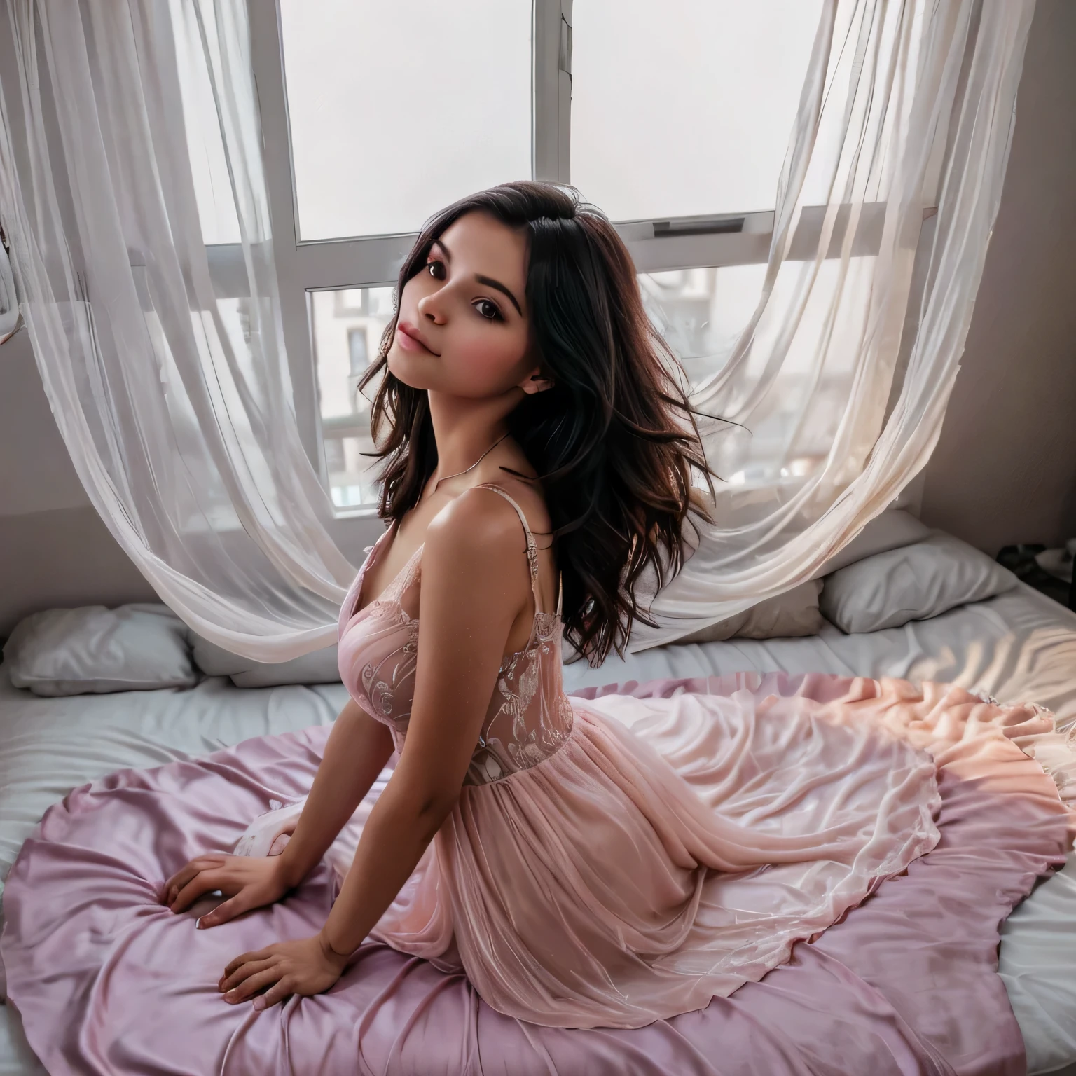 1girl,(bright lighting,romantic setting),dreamy background,,dark hair, mesmerizing gaze, , soft skin, alluring beauty, artistic portrait, high-quality image, vibrant colors,translucent long silk gown, mosquito net, lying down, romantic bedroom, 