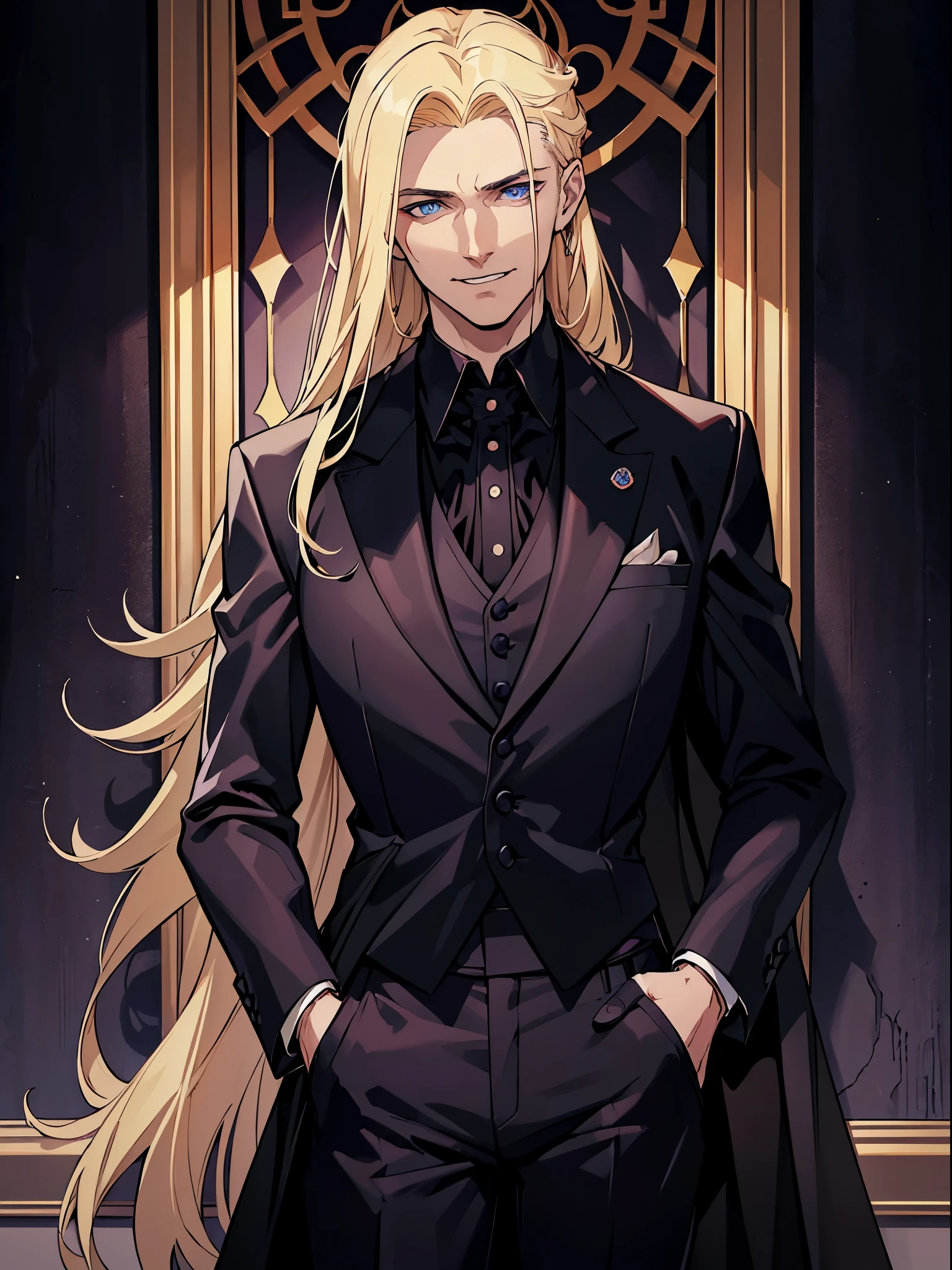 (best quality:1.4),masterpiece,ultra-detailed,beautiful man, sharp eyes, evil look,realism,cowboy shot,1guy,blonde beautiful hair, blue eyes ,tareme,long hair,white skin, dark suit, black pants, black jacket, black tuxedo, purple renaissance shirt, blood, evil smile. Psycho look, castle, handsome, beautiful guy, 