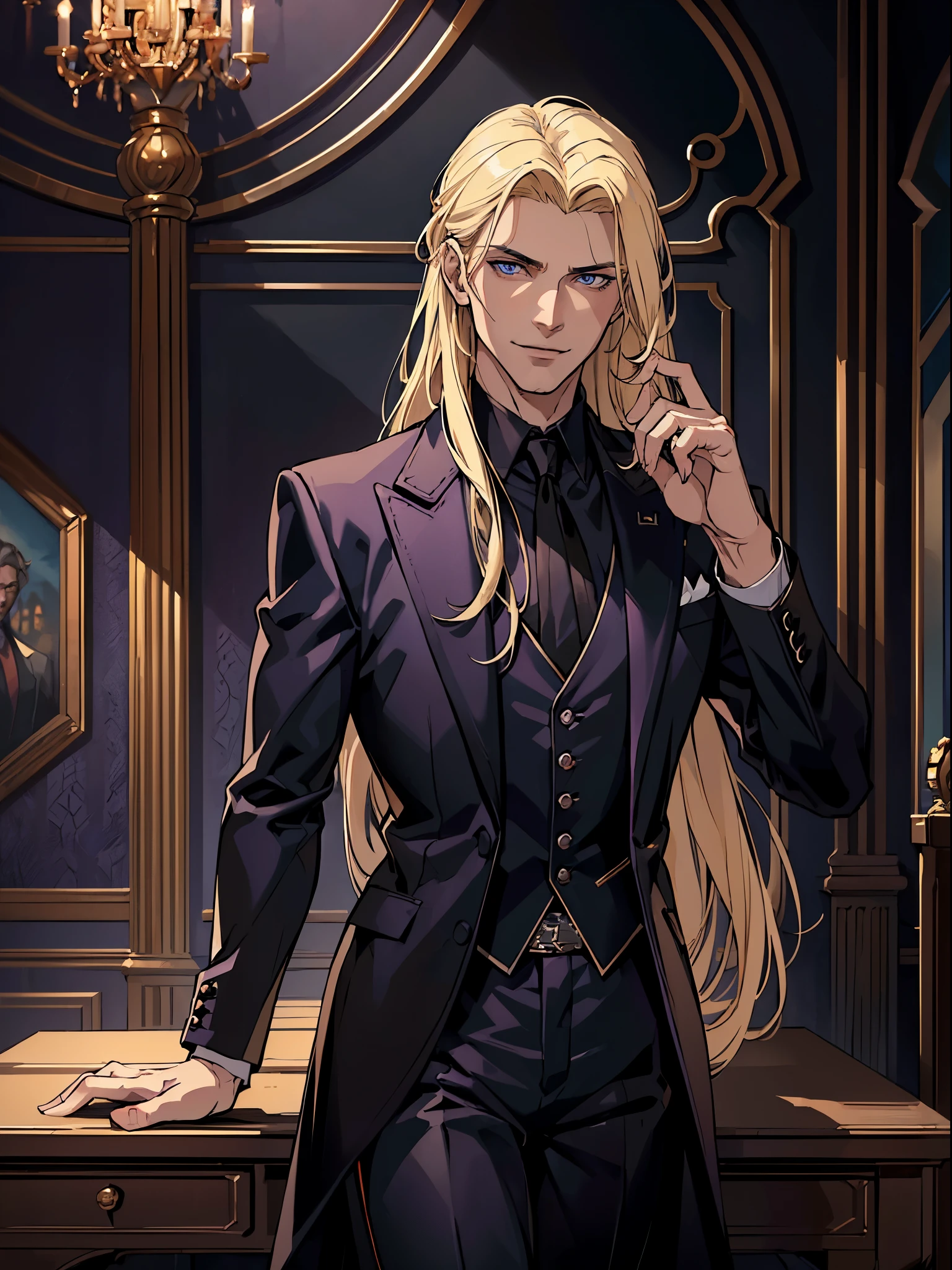 (best quality:1.4),masterpiece,ultra-detailed,beautiful man, sharp eyes, evil look,realism,cowboy shot,1guy,blonde beautiful hair, blue eyes ,tareme,long hair,white skin, dark suit, black pants, black jacket, black tuxedo, purple renaissance shirt, blood, evil smile. Psycho look, castle, handsome, beautiful guy, 