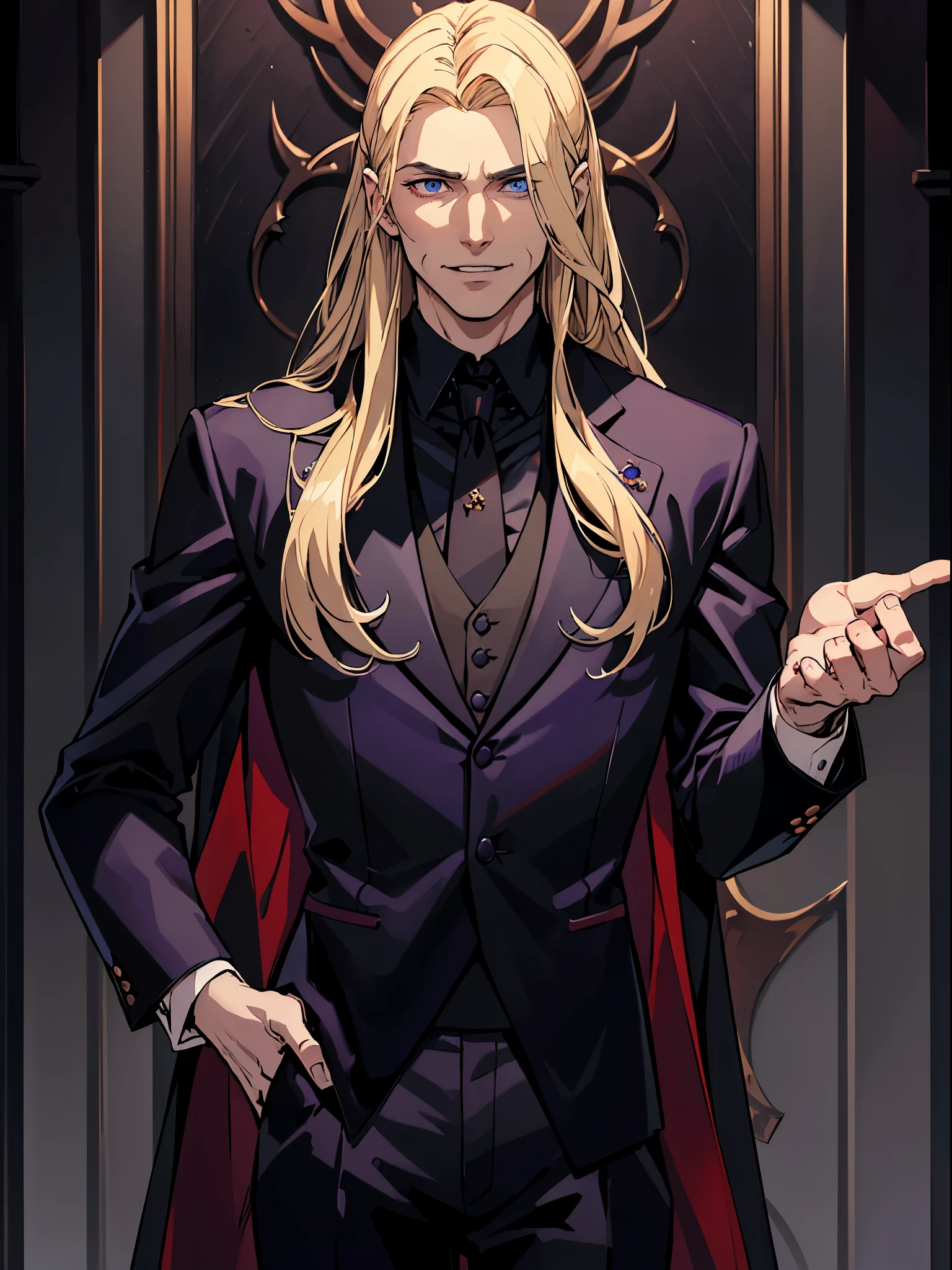 (best quality:1.4),masterpiece,ultra-detailed,beautiful man, sharp eyes, evil look,realism,cowboy shot,1guy,blonde beautiful hair, blue eyes ,tareme,long hair,white skin, dark suit, black pants, black jacket, black tuxedo, purple renaissance shirt, blood, evil smile. Psycho look, castle, handsome, beautiful guy,