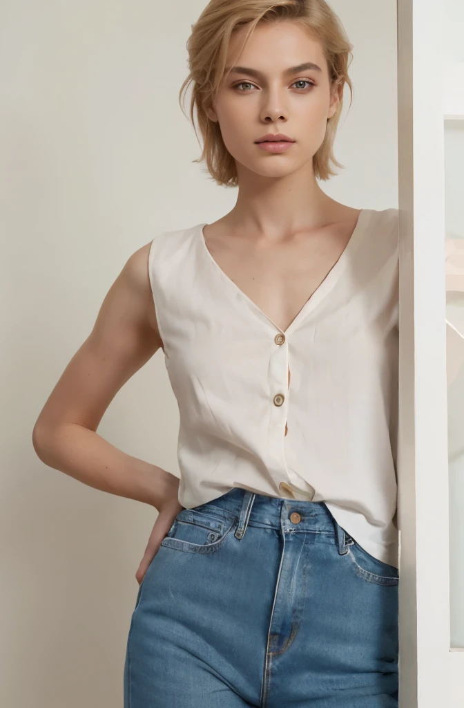 (((Masterpiece))), a woman, delicate androgynous prince, (60 years old), an epic non - binary model, androgynous male, beautiful androgynous prince, non binary model, androgynous person, attractive androgynous humanoid, beautiful androgynous girl, young handsome pale roma, fair skin, (short light blonde hair), pink button up crop, high waist jeans, white wall background, perfectly centered top quality, super detailed, slender and delicate, hyper realistic, 35mm film