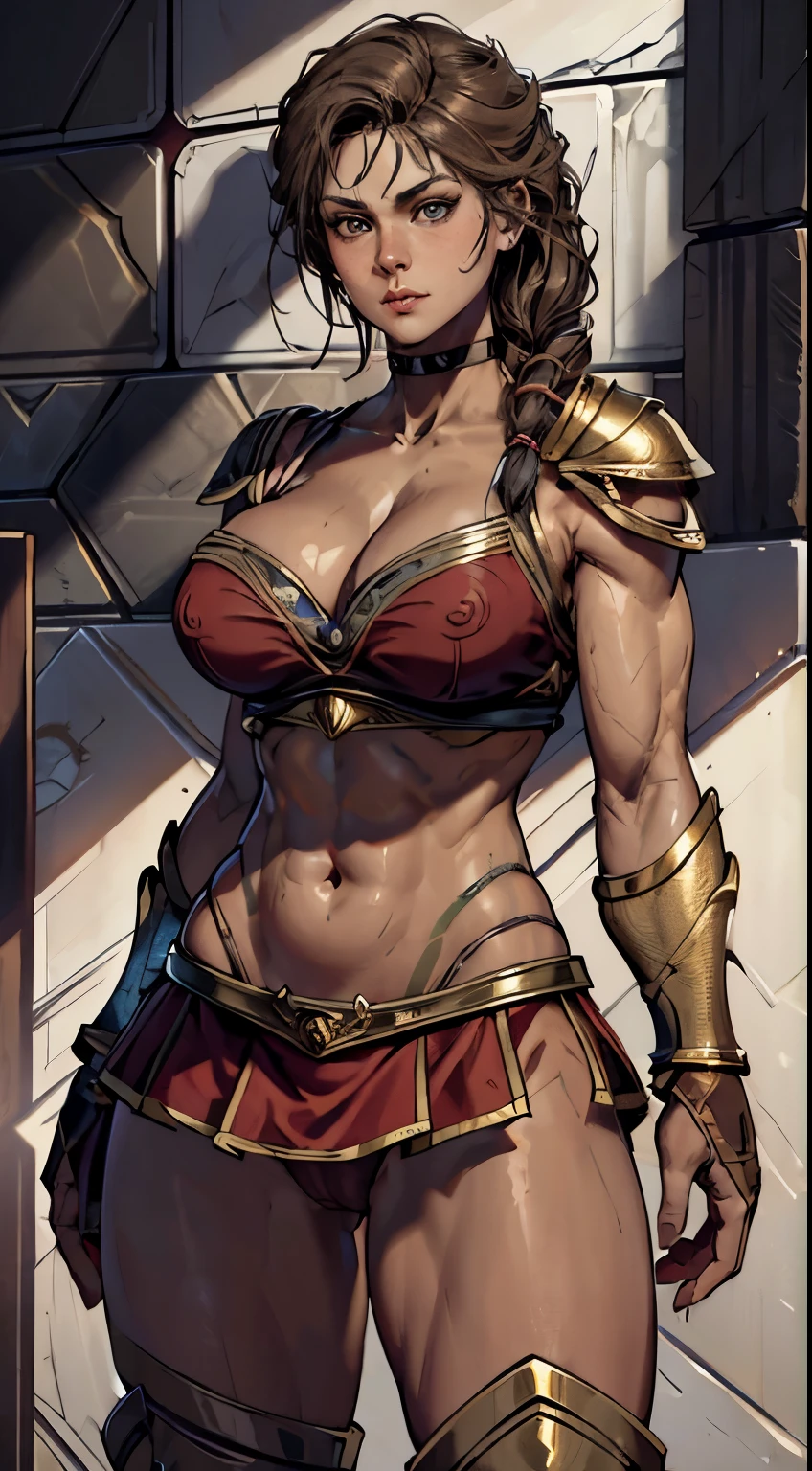 Best quality, artwork, long dark brown hair, detailed skin texture, detailed cloth texture, detailed face, super detailed, 8k, intricate detail, 1girls, abs, alternate body type, alternate breast size, bare arms, bare midriff, bare thighs, belly button, big breasts, bikini top, blue eyes, bottomless,  bearing hips, choker, cleavage, collarbone, exposed pussy, female, female only, fingerless gloves, freckles, front view, innie pussy, light skin, light-skinned female, long hair, nudity, pussy, iron shoulder armor, skimpy, cleaving skimpy clothes, solo, thick lips, thick thighs, toned, toned female, toned stomach, vulva, wide hips, (((cameltoe))), ((tick body)), ((large chubby hips)), (((cleavage))), ((wide pubis)), ((spartan red skirt))