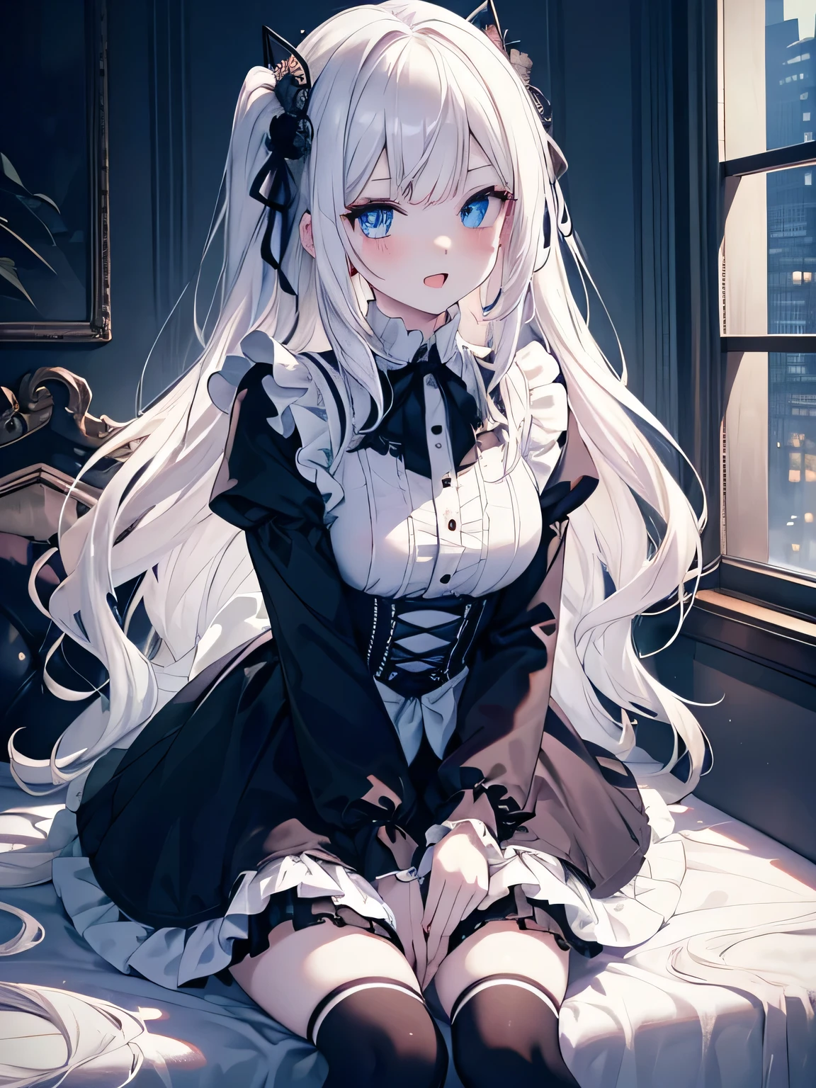 table top, highest quality, (perfect face:1.1), (high detail:1.1), (very detailed目), dramatic, Ultra-fine illustration, very detailed, 1 girl, teenager,(pale skin), long white hair, mysterious eyes, blue eyes,blush,alone,smile, Happy, smile, enjoy, open your mouth, swollen lips,cinematic lighting,Upper body,look up, leaning forward,long sleeve, Gothic Lolita, frills, ribbon,knee high socks,indoor,night