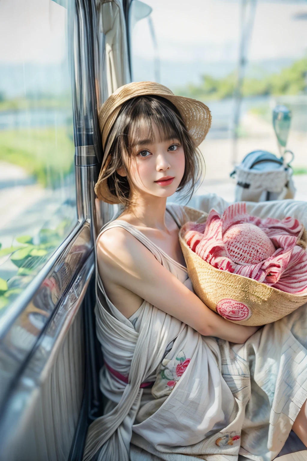 masterpiece、highest quality、cinema、(Details of both eyes)、(cute japanese woman、bangs:1.3)、23 years old、1 girl、elegant、black hair、(straw hat、rain:1.2)、