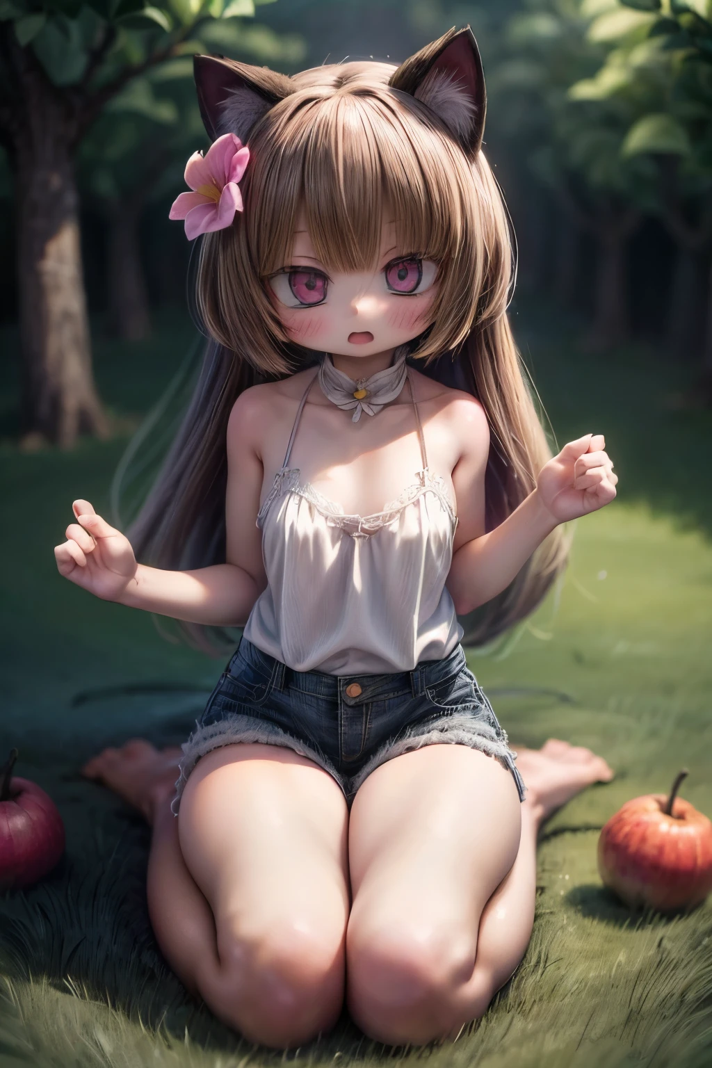 ((Masterpiece)), (Anime:1.3), ((best quality)), (RAW photo:1.2), (Professional Photography:1.3), (super detail), (from below), (), 8K, cinematic lighting, unruly hair, medium hair, (white cheep camisole), (cheep shorts), Pudgy body, ((Small breasts)), (flower in hands), Very shy, (open mouth), Textured skin, cat ears, pale brown hair, Cute Beautiful girl, BREAK, ((best quality)), ((kneeling in beautiful orchard)), outdoor idyllic atmosphere,