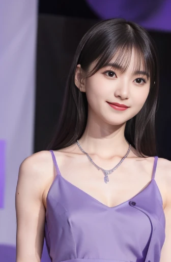 best quality, detailed, beautiful, insanely detailed, absurdres,perfect anatomy,
Japanese woman,black hair,27 years old,
(slender),
(small breasts),
smiling, standing, facing right, flipped hair, (gorgeous light purple party dress:1.1),(cleavage:0.7), small necklace, piercing, party venue, (full body shot:1.2)