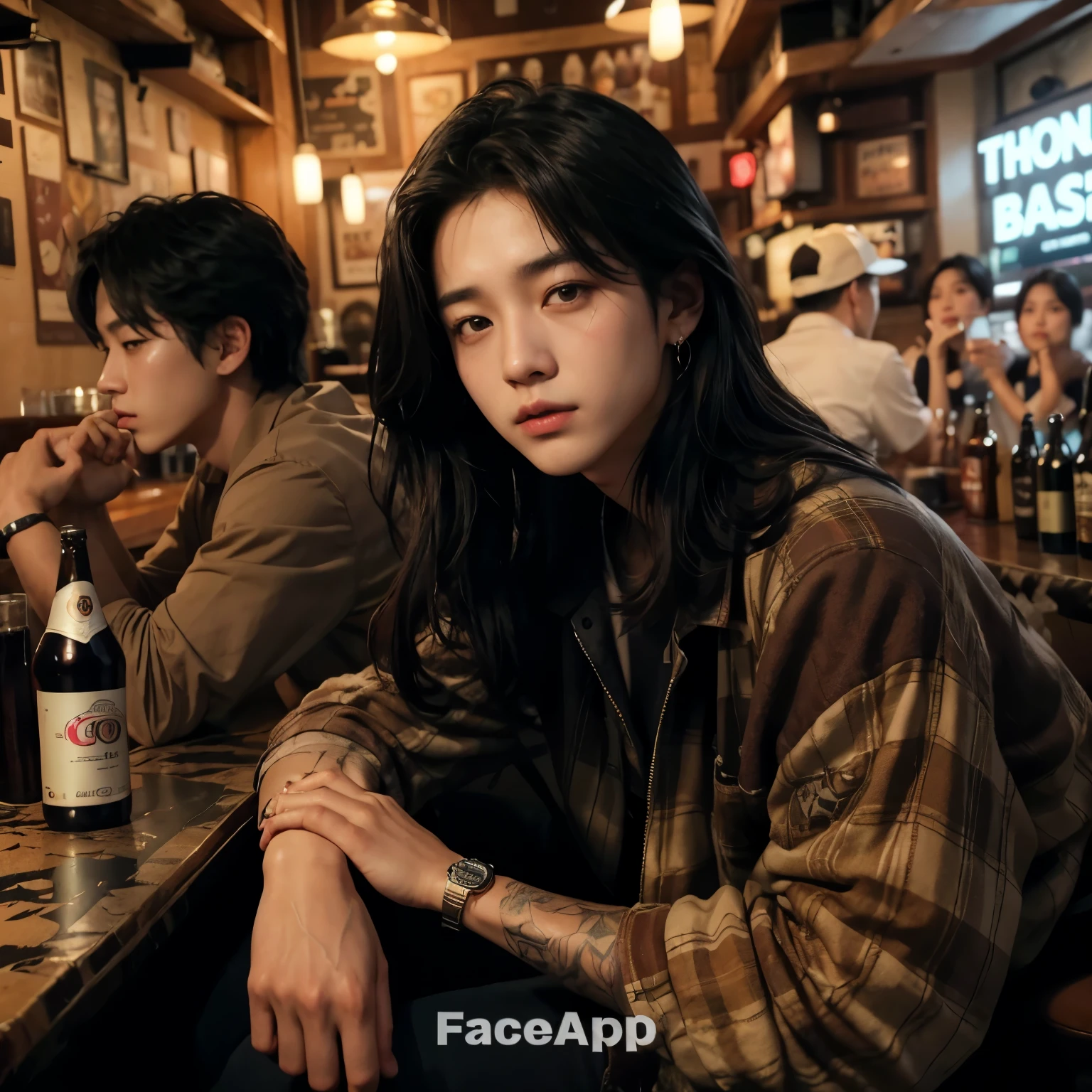 there is a men sitting at a bar with a bottle of beer, face with artgram, face picture, beautiful aesthetic face, korean face features, face, aesthetic face, face photo, portrait jeon jungkook, app, beautiful faces aesthetic, perfect face and boy, taken with canon eos 5 d mark iv, by Jungkook 