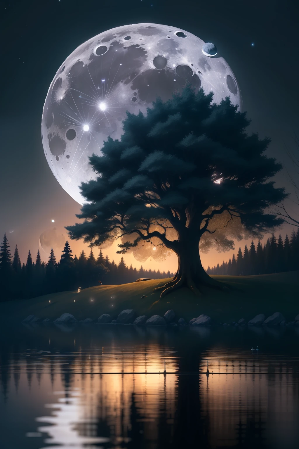 Title: Serene Night: Moonlit Relaxation and Focus
Description:
Amidst the tranquility of night, a full moon rises majestically in the darkened sky, casting a gentle glow over the serene landscape. Towering trees, their leaves rustling softly in the gentle breeze, border a calm and reflection-worthy stream. The moon's tranquil light dances on the smooth water, creating an ethereal scene.
A thin, translucent headphone wire wraps around the moon, symbolizing the immersive sound journey about to unfold. The headphone's speaker, unseen yet detected by the subtle vibrations of the wire, brings words of