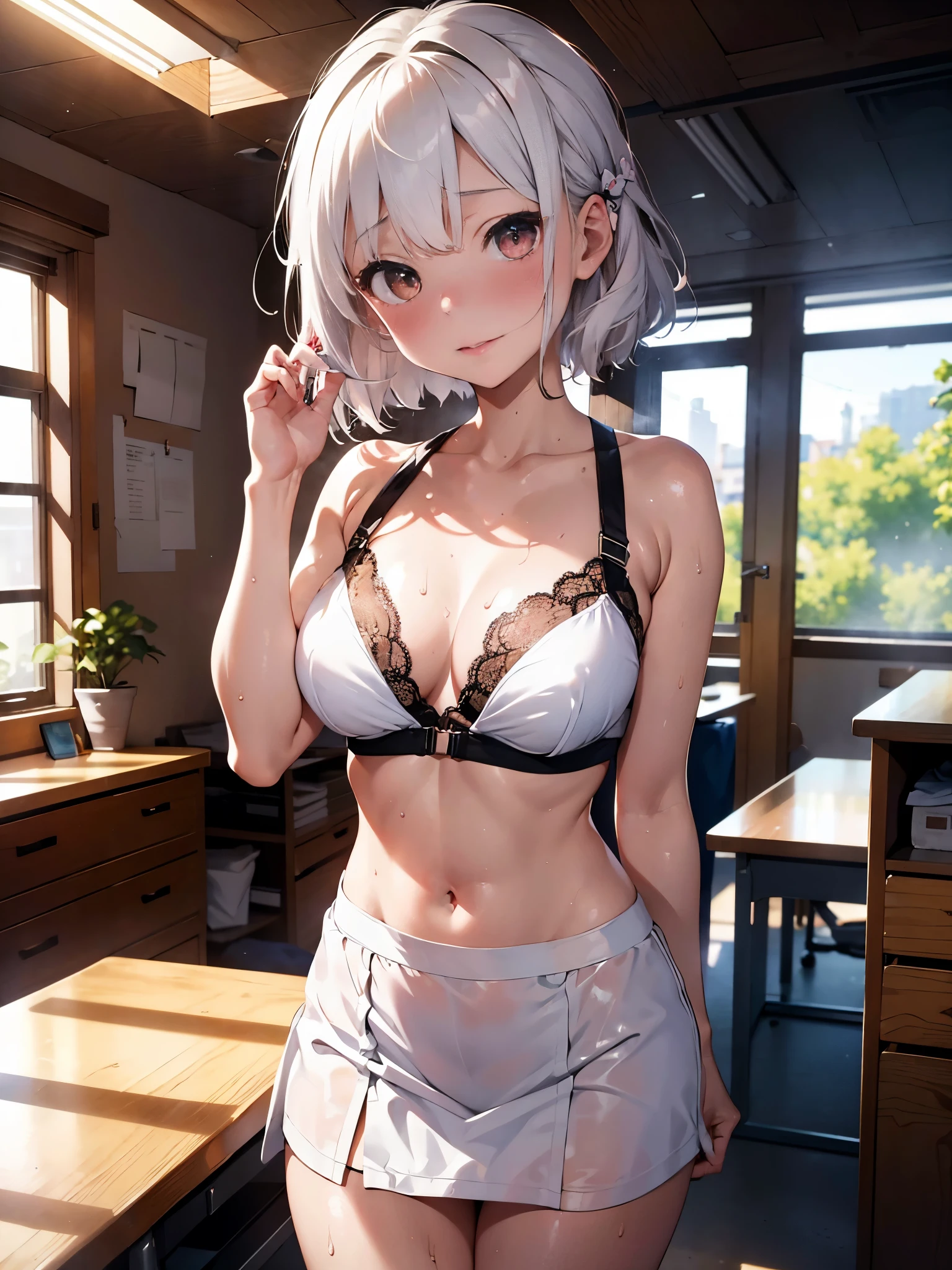 Portrait of a beautiful 18-year-old petit teen, white hair, firm breasts, gorgeous Chinese, peach lace bra, black miniskirt, waiting, ( private office, warm light: 1.2), sweat dripping, hot and sweaty, glistening skin, blush, wet shirt, upper body shot, intimate portrait