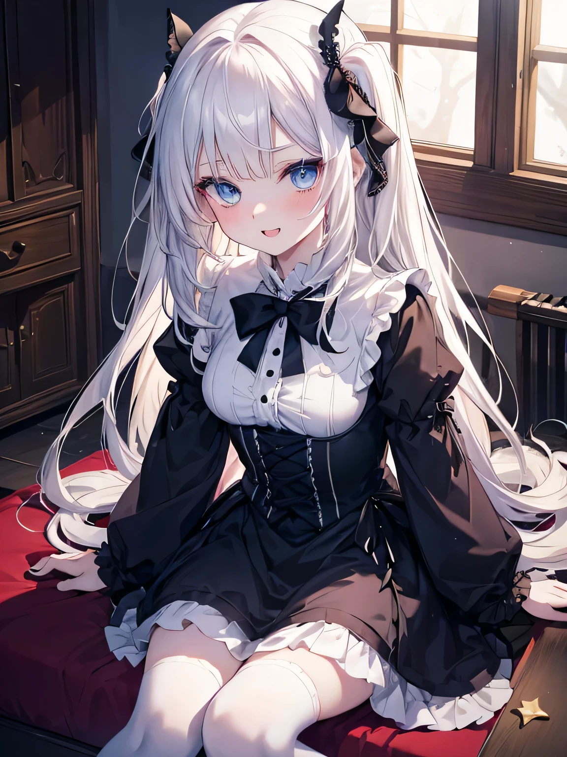 table top, highest quality, (perfect face:1.1), (high detail:1.1), (very detailed目), dramatic, Ultra-fine illustration, very detailed, 1 girl, teenager,(pale skin), long white hair, mysterious eyes, blue eyes,blush,alone,smile, Happy, smile, enjoy, open your mouth, swollen lips,cinematic lighting,Upper body,look up, leaning forward,long sleeve, Gothic Lolita, frills, ribbon,knee high socks,indoor,night
