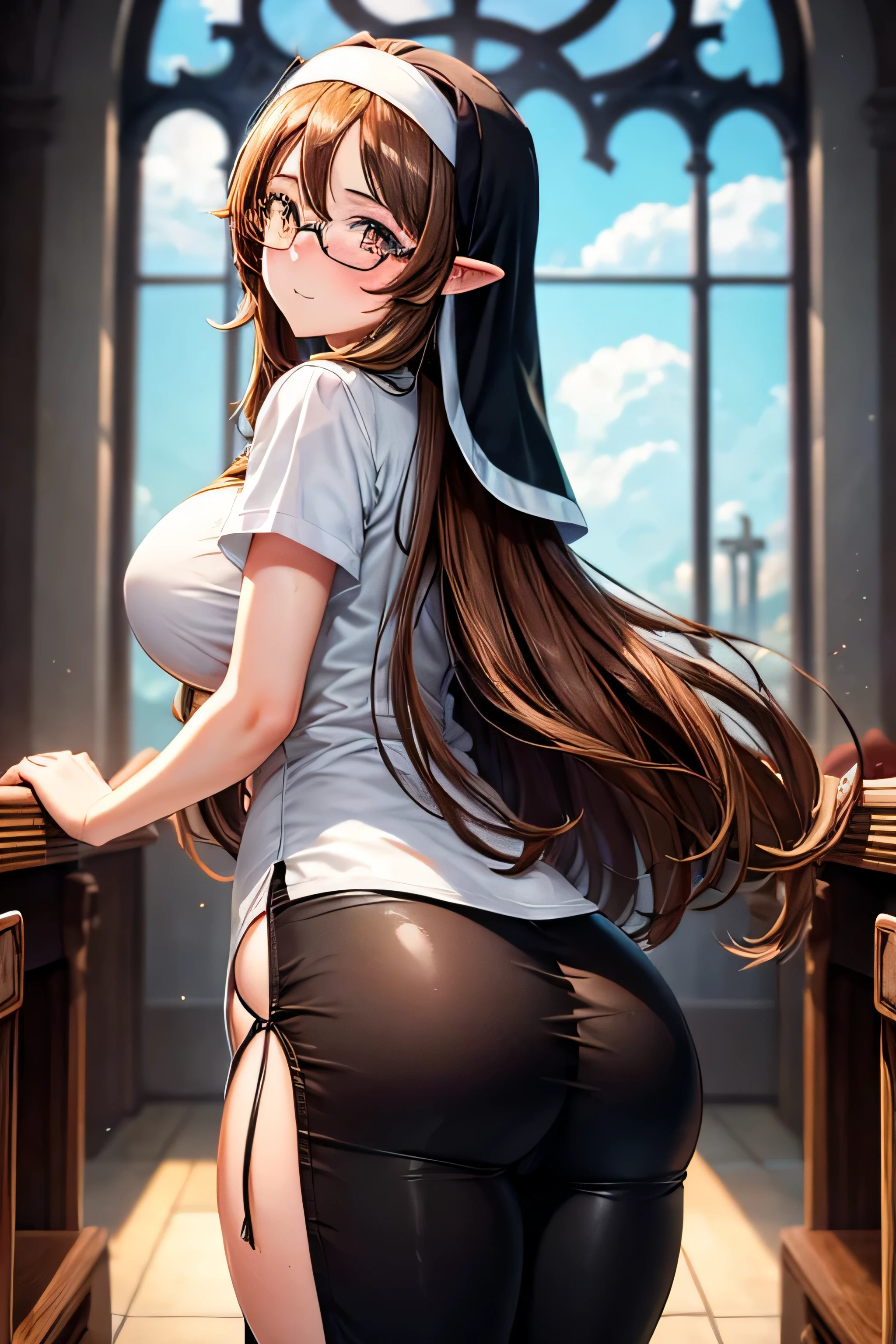 High resolution, high quality, 1 girl, anime girl, brown long hair, brown eyes,heart-shaped pupil, Green glasses, tanned skin, big breasts,beautiful breasts, (big ass),beautiful butt,nun,Are standing,at church,