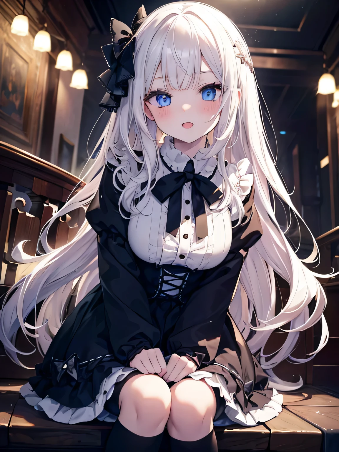 table top, highest quality, (perfect face:1.1), (high detail:1.1), (very detailed目), dramatic, Ultra-fine illustration, very detailed, 1 girl, teenager,(pale skin), long white hair, mysterious eyes, blue eyes,blush,alone,smile, Happy, smile, enjoy, open your mouth, swollen lips,cinematic lighting,Upper body,look up, leaning forward,long sleeve, Gothic Lolita, frills, ribbon,knee high socks,indoor,night