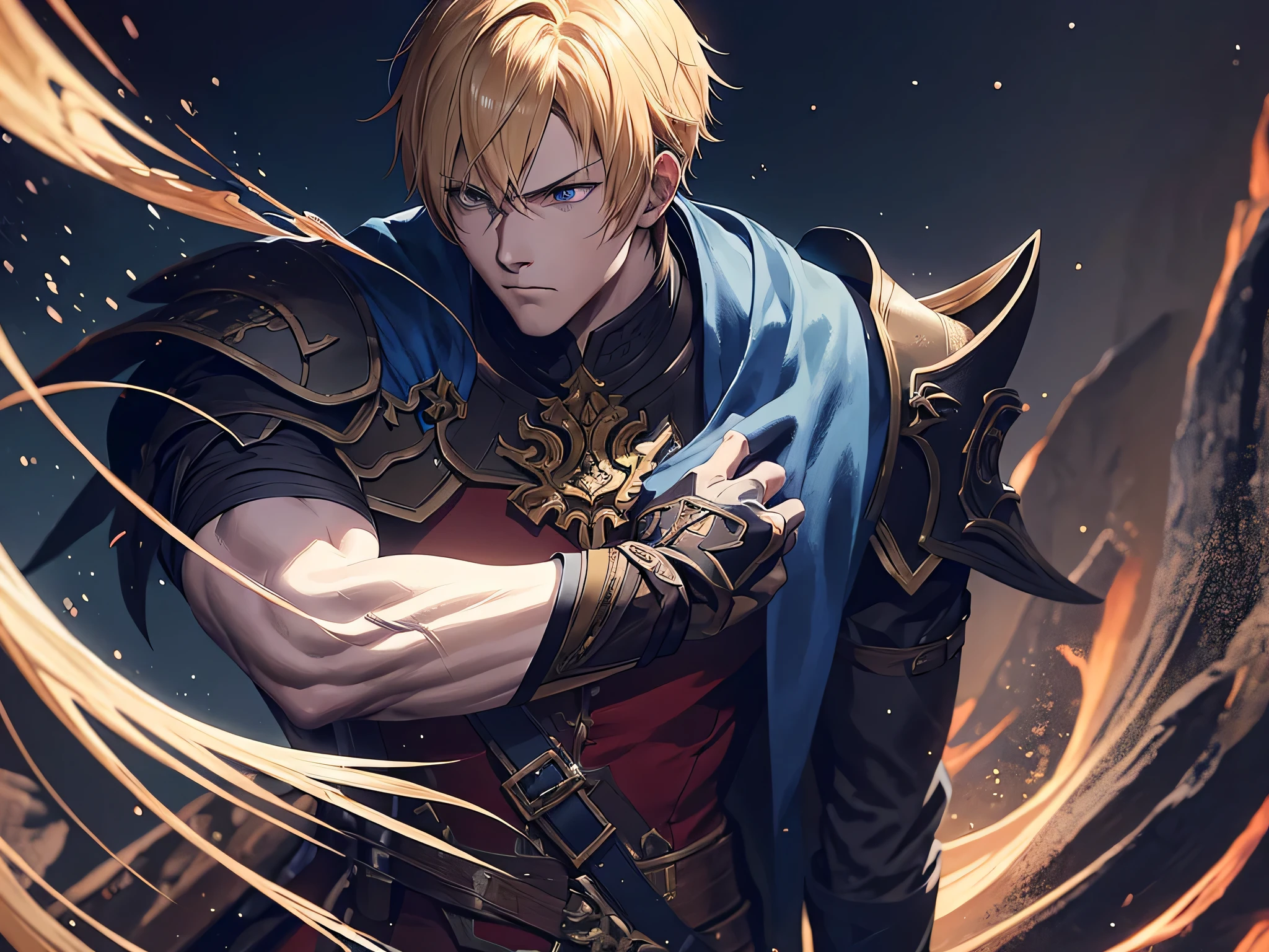 (anime pictorial art) ultra-detalhado, muito complicado, high definition image of a tall man, forte, homem, forte arms, muscles obvious, loiro, cabelo curto, combed back, olhos azuis, villain appearance, vestido com o traje militar vermelho de fantasia escura de um estilo geral de fantasia final