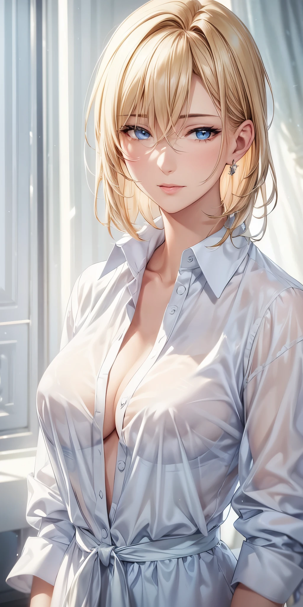 portrait, elegant woman, blue eyes, brown blonde hair, swept-side bang, transparent shirt, see through chest, 4k resolution, high quality cg, beautiful cg, soft light