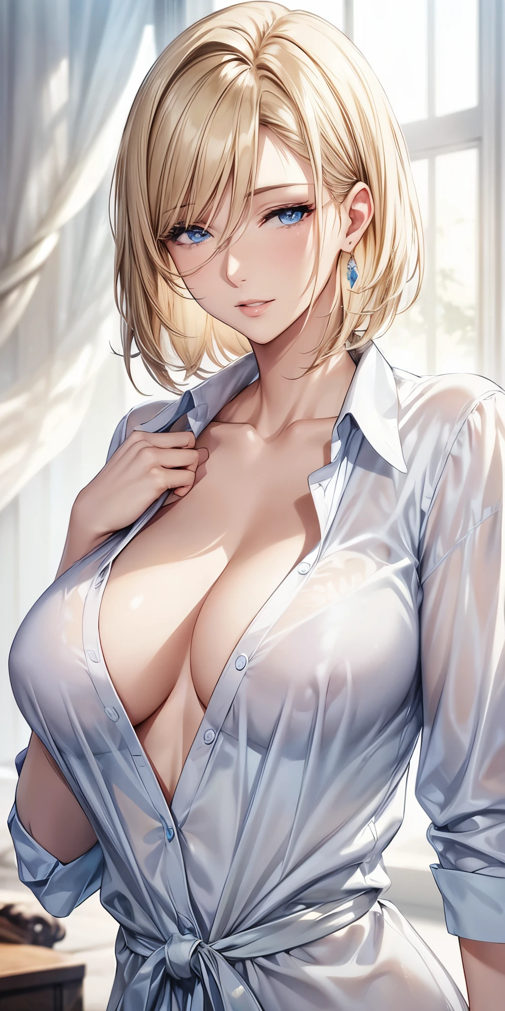 portrait, elegant mature woman, blue eyes, brown blonde hair, swept-side bang, transparent shirt, see through chest, 4k resolution, high quality cg, beautiful cg, soft light