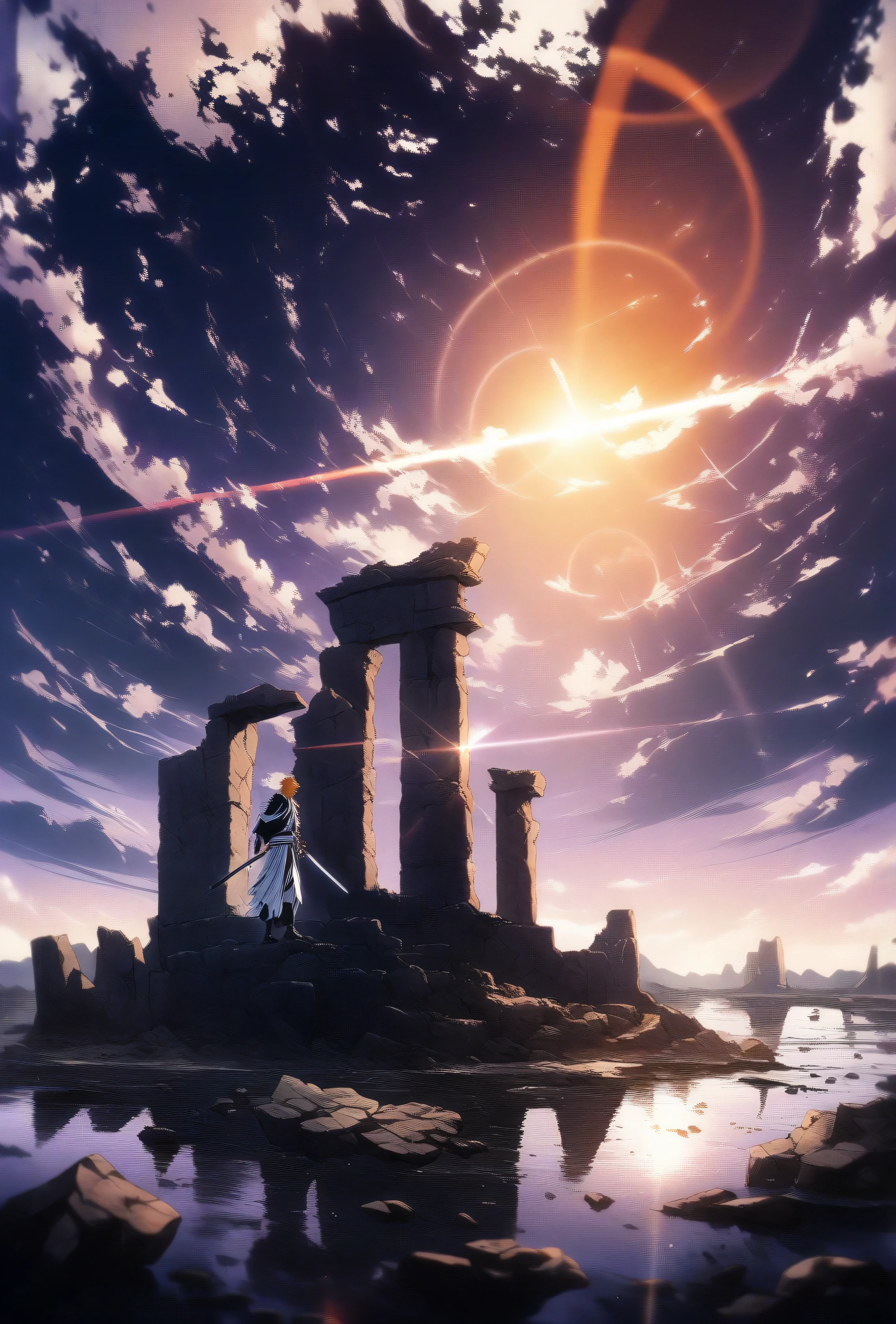 1boy, male focus, kurosaki ichigo, bleach, black hakama, tensa zangetsu (bankai), torn clothes, wielding katana, standing on a rock, purple skies, anciet ruins, orange skies, sunset, monolithic ruin, ancient stone ruin, full body ((centered)), outdoors, sunshine ((screen flare: 1.2)), pectoralasterpiece), (best quality), (ultra-detailed), very aesthetic, illustration, disheveled hair, perfect composition, moist skin, intricate details,