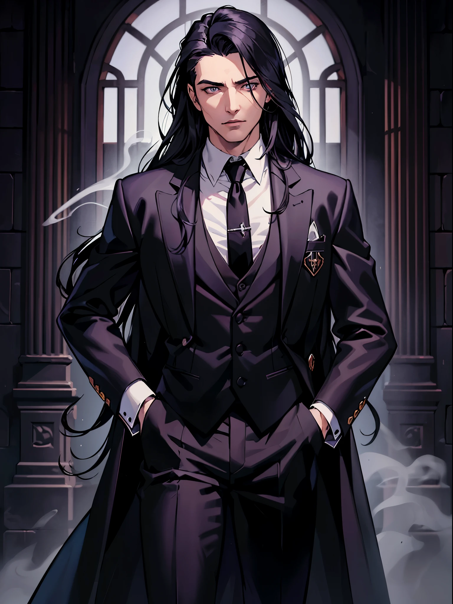 (best quality:1.4),masterpiece,ultra-detailed,handsome man, sharp eyes,,realism,cowboy shot,1guy,black long hair, grey eyes ,tareme,long hair, vampire look, white skin, dark suit, black pants, black jacket, black coat, purple, smoke, castle, 