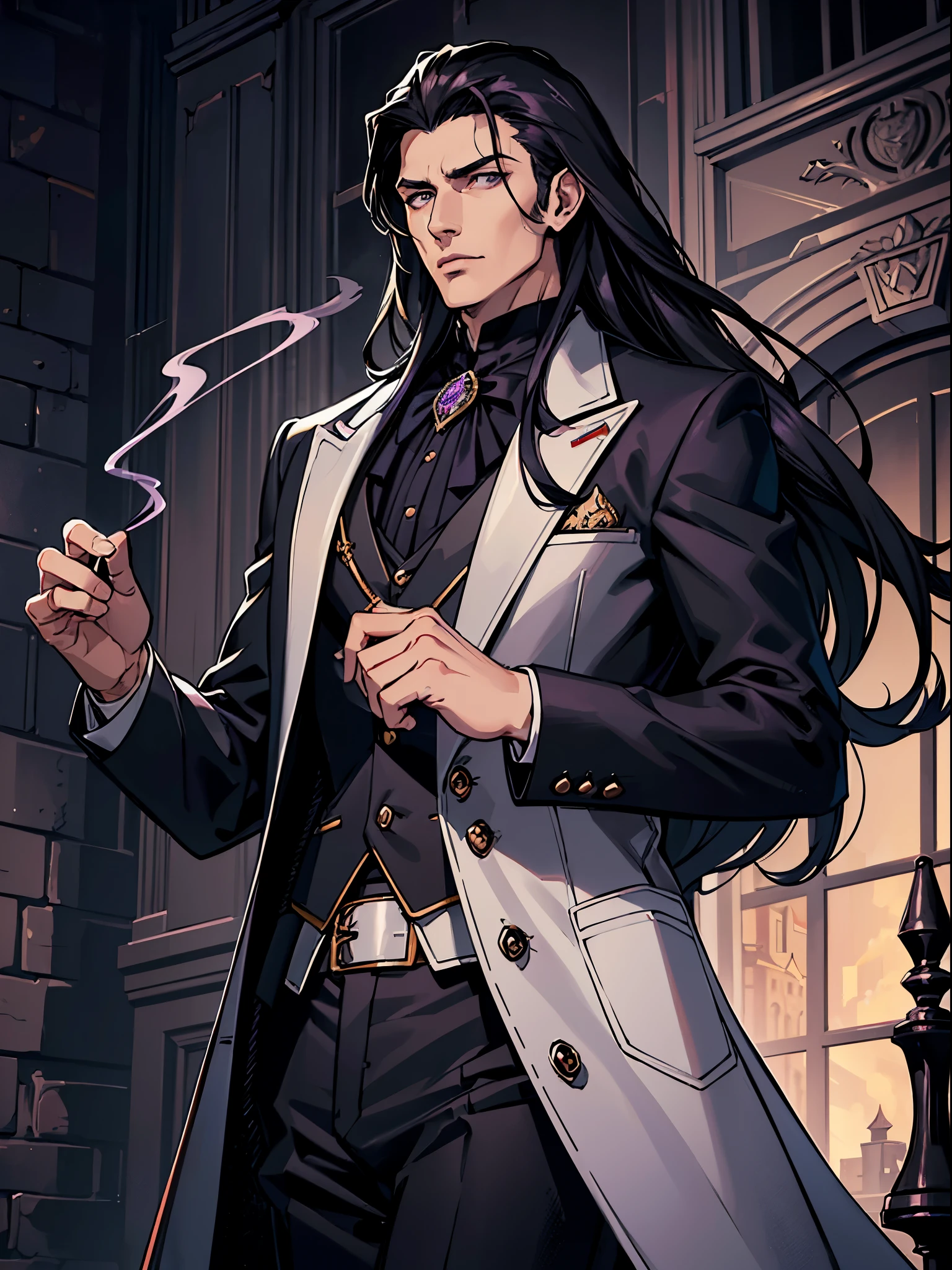 (best quality:1.4),masterpiece,ultra-detailed,handsome man, sharp eyes,,realism,cowboy shot,1guy,black long hair, grey eyes ,tareme,long hair, vampire look, white skin, dark suit, black pants, black jacket, black coat, purple, smoke, castle, 