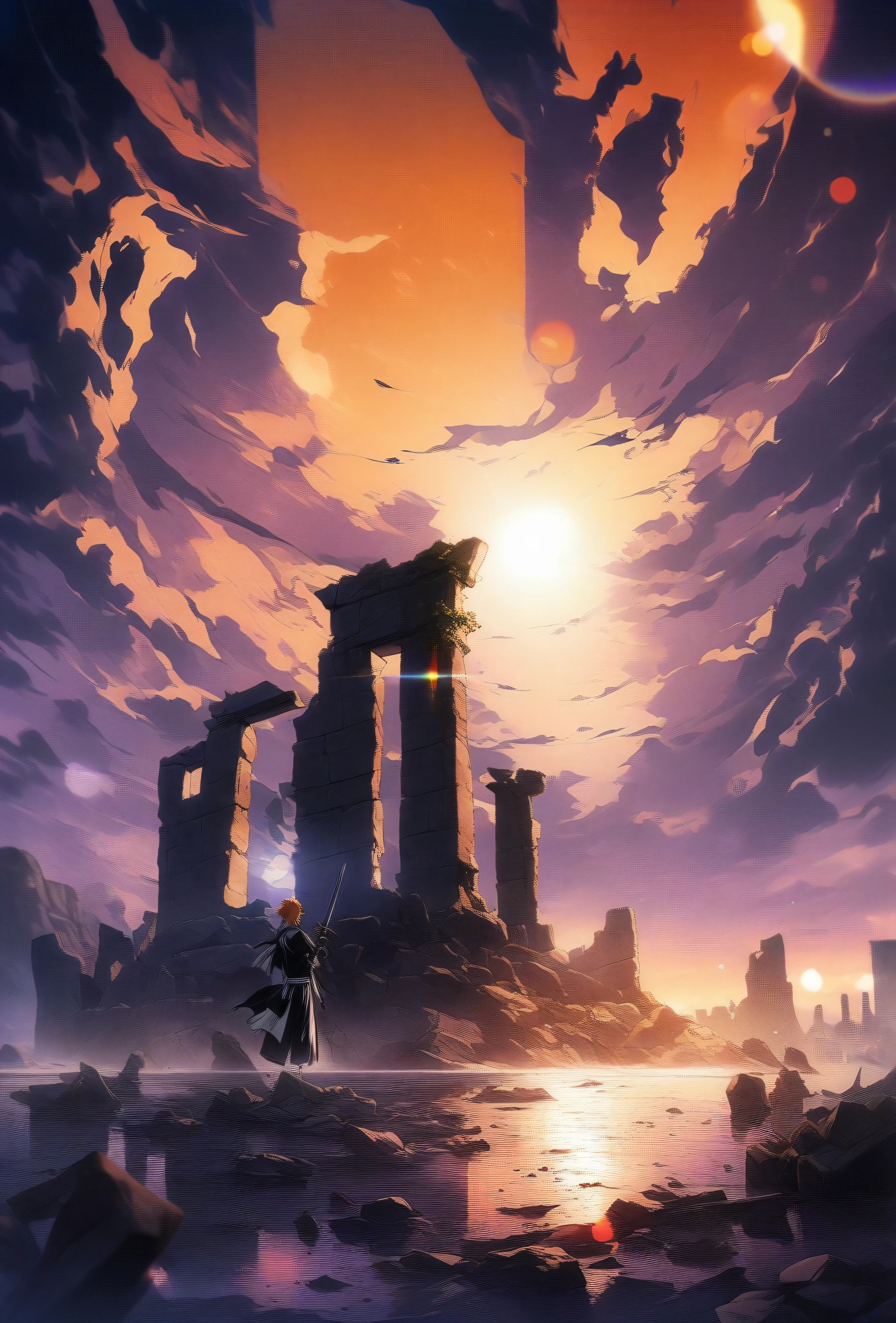 1boy, male focus, kurosaki ichigo, bleach, black hakama, tensa zangetsu (bankai), torn clothes, wielding katana, standing on a rock, purple skies, anciet ruins, orange skies, sunset, monolithic ruin, ancient stone ruin, full body ((centered)), outdoors, sunshine ((screen flare: 1.2)), pectoralasterpiece), (best quality), (ultra-detailed), very aesthetic, illustration, disheveled hair, perfect composition, moist skin, intricate details,