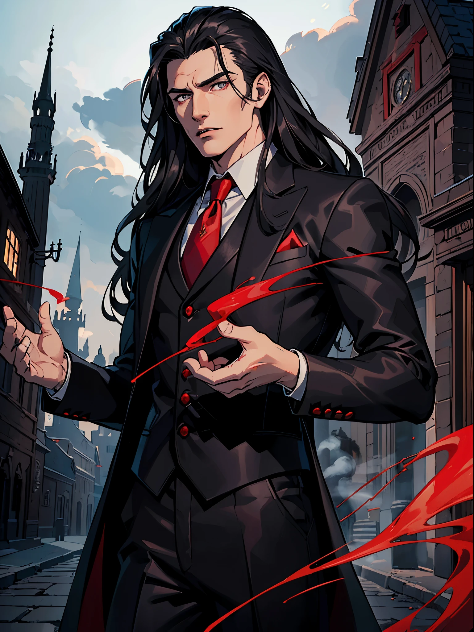 (best quality:1.4),masterpiece,ultra-detailed,handsome man, sharp eyes,,realism,cowboy shot,1guy,black long hair, grey eyes ,tareme,long hair, vampire look, white skin, dark suit, black pants, black jacket, black coat, red, smoke, red smoke, castle, dracula looks