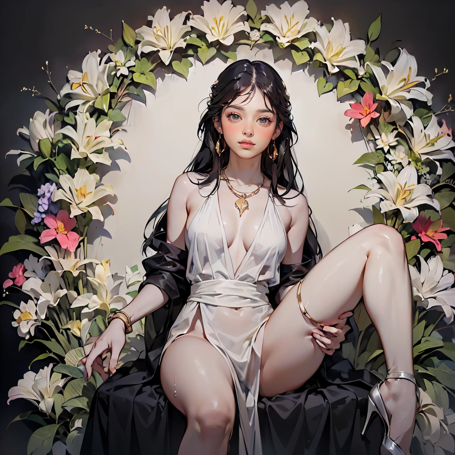 ((Create MAXZenArt!))_((One, 1 girl, whole body, topless, black sheer chiffon dress, lace), (heels, shoes), (is sitting, wet, sexual, erotic), (Hand on waist))_((makeup-mascara, soft scarlet lips), (straight black hair - long, cascade), (cold shine, wet straight black hair))_((minimalism, monotone), (simple color palettes ), (clean), (metaphysical garden), (symbolism), (abstraction), (smooth silhouettes))_((Upper layer, clear line, clear masterful drawing, clean graphic line-contour))_((nsfv), (asymmetric, geometric))_((Sexy materials and design),( Spread your legs), (erotic model), (simple, Minimum accessories), (necklaces and thin rings in silver or gold), (simple bracelets, distinctive design, simple silhouettes), (simple and erotic style))_((background),(abstraction-minimalism), (high quality materials), (fresh, color fill, Broad strokes, Simplicity and sophistication), (stunning white lilies, extremely unusual, Long stems)), ((white lilies - large stems)).