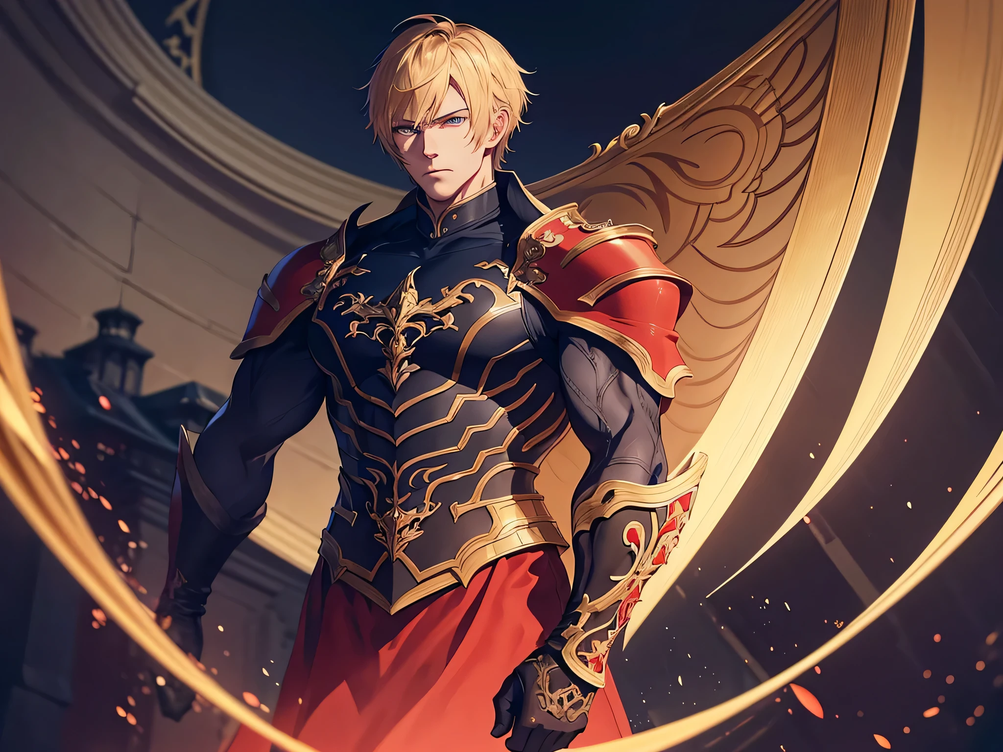 (anime pictorial art) ultra-detalhado, muito complicado, high definition image of a tall man, forte, homem, forte arms, muscles obvious, loiro, cabelo curto, combed back, olhos azuis, villain appearance, vestido com o traje militar vermelho de fantasia escura de um estilo geral de fantasia final, estilo de arte saint seiya