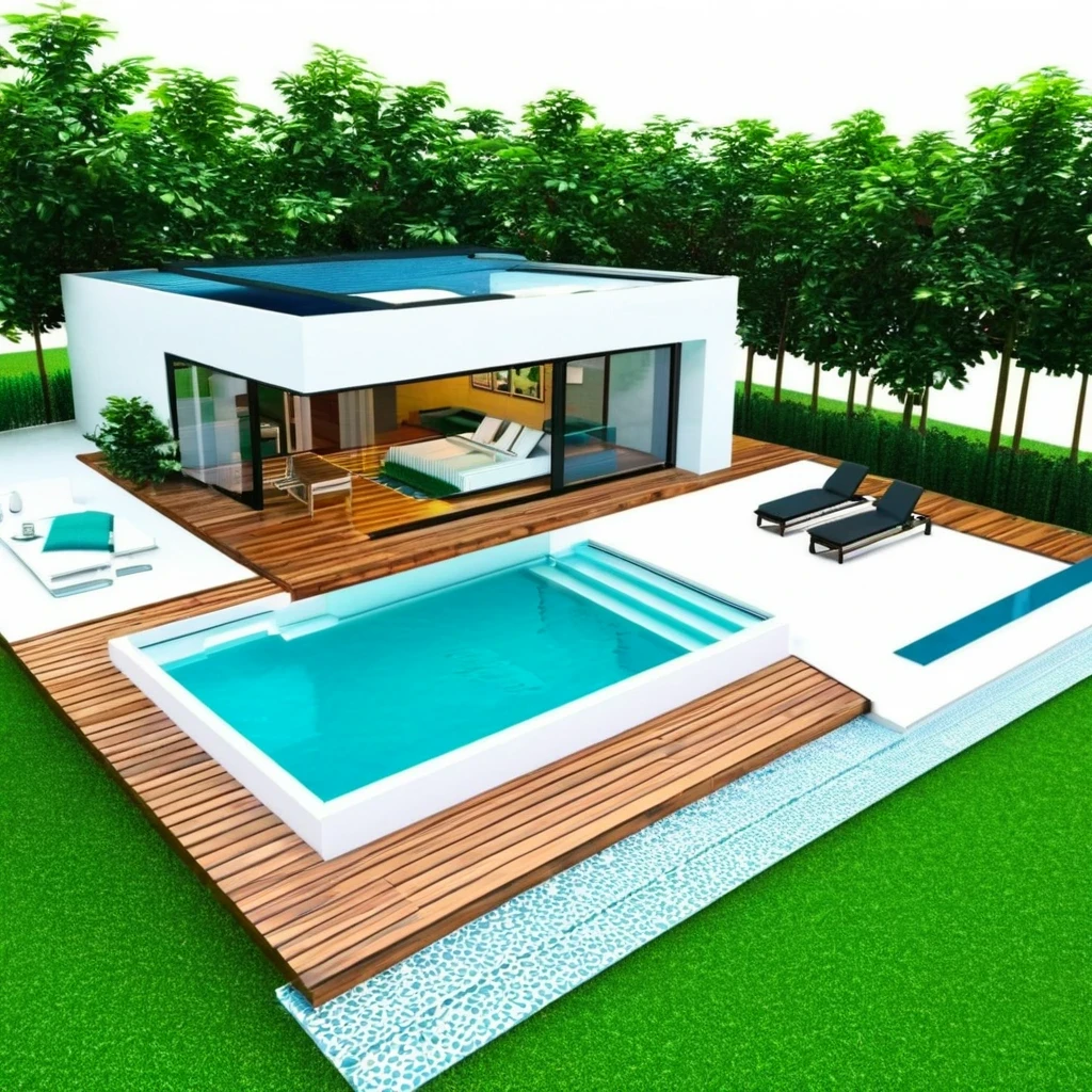 Una casa arquitectonica en 3D con piscina