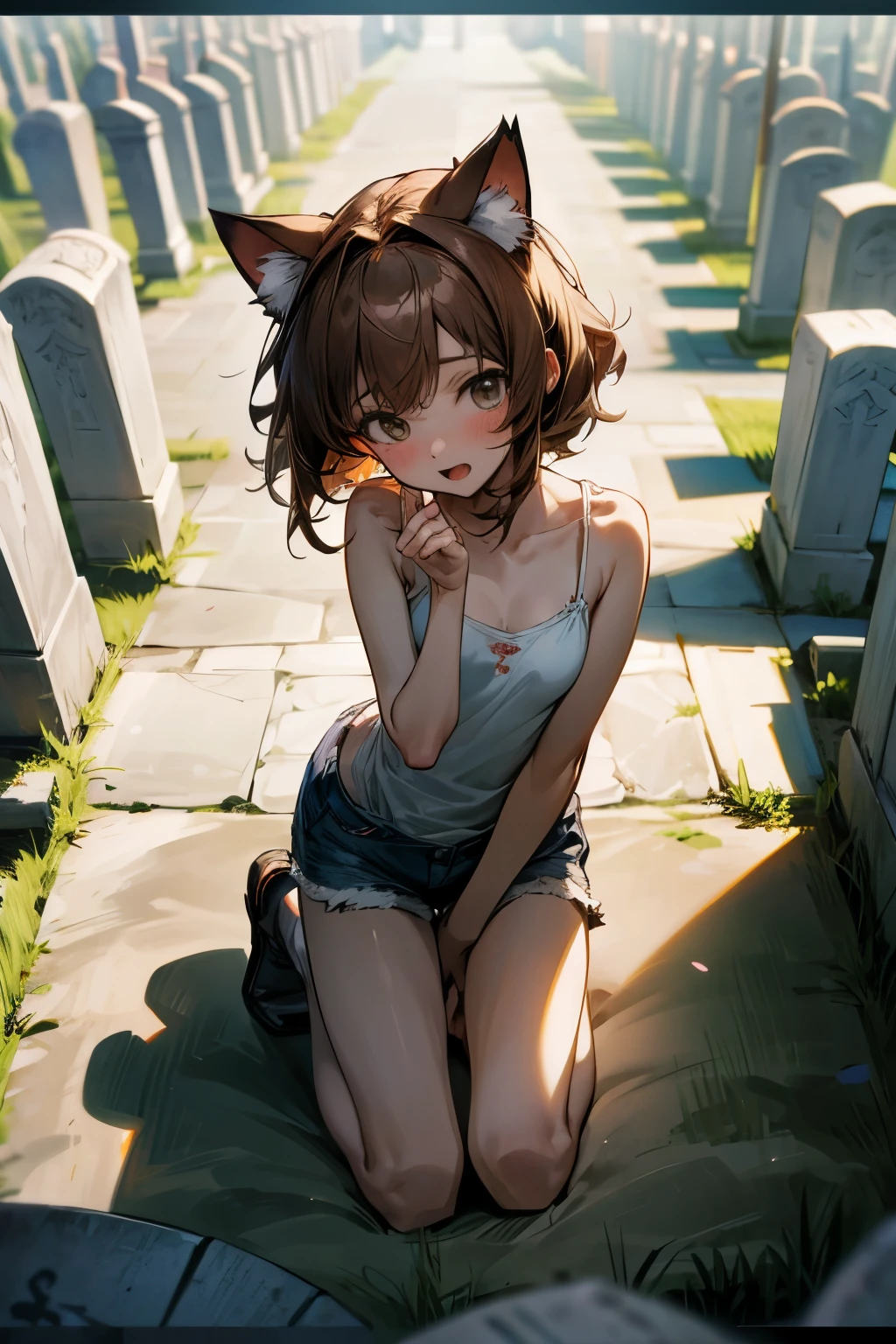 ((Masterpiece)), (Anime:1.3), ((best quality)), (RAW photo:1.2), (Professional Photography:1.3), (super detail), (from above), (12 years old), 8K, cinematic lighting, unruly hair, medium hair, (white cheep camisole), (cheep shorts), Pudgy body, ((Small breasts)), (flower in hands), Very shy, (open mouth), Textured skin, cat ears, pale brown hair, Cute Beautiful girl, BREAK, ((best quality)), ((kneeling in beautiful cemetery)), outdoor idyllic atmosphere,