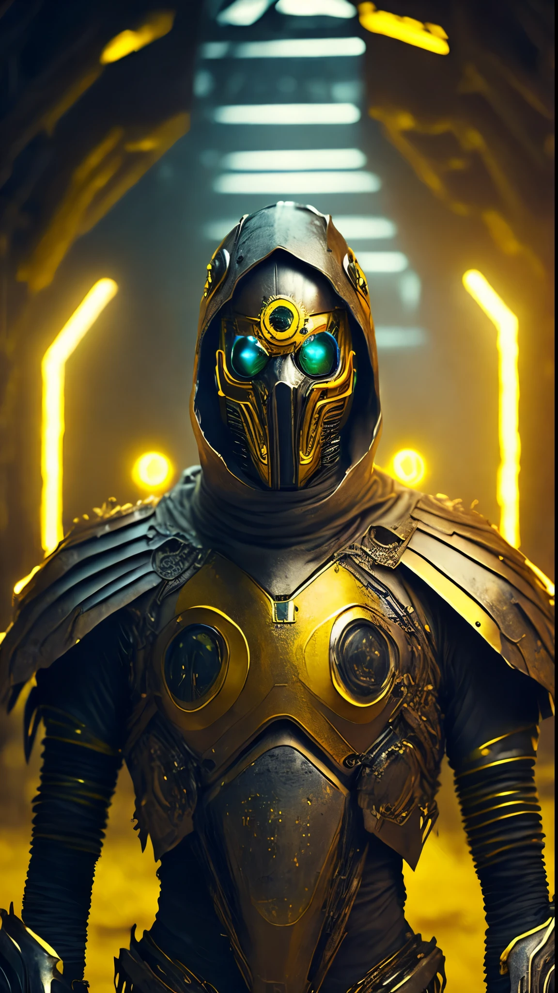 breathtaking cinematic science fiction photo of a portrait of a non human masked Grim wrapped in yellow chrome metal skin, body full glowing metrics inside, glowing multicoloured eyes, multifaceted eyes, metallic arms, inside a destroyed building, extremely menacing creature, highly detailed, award-winning