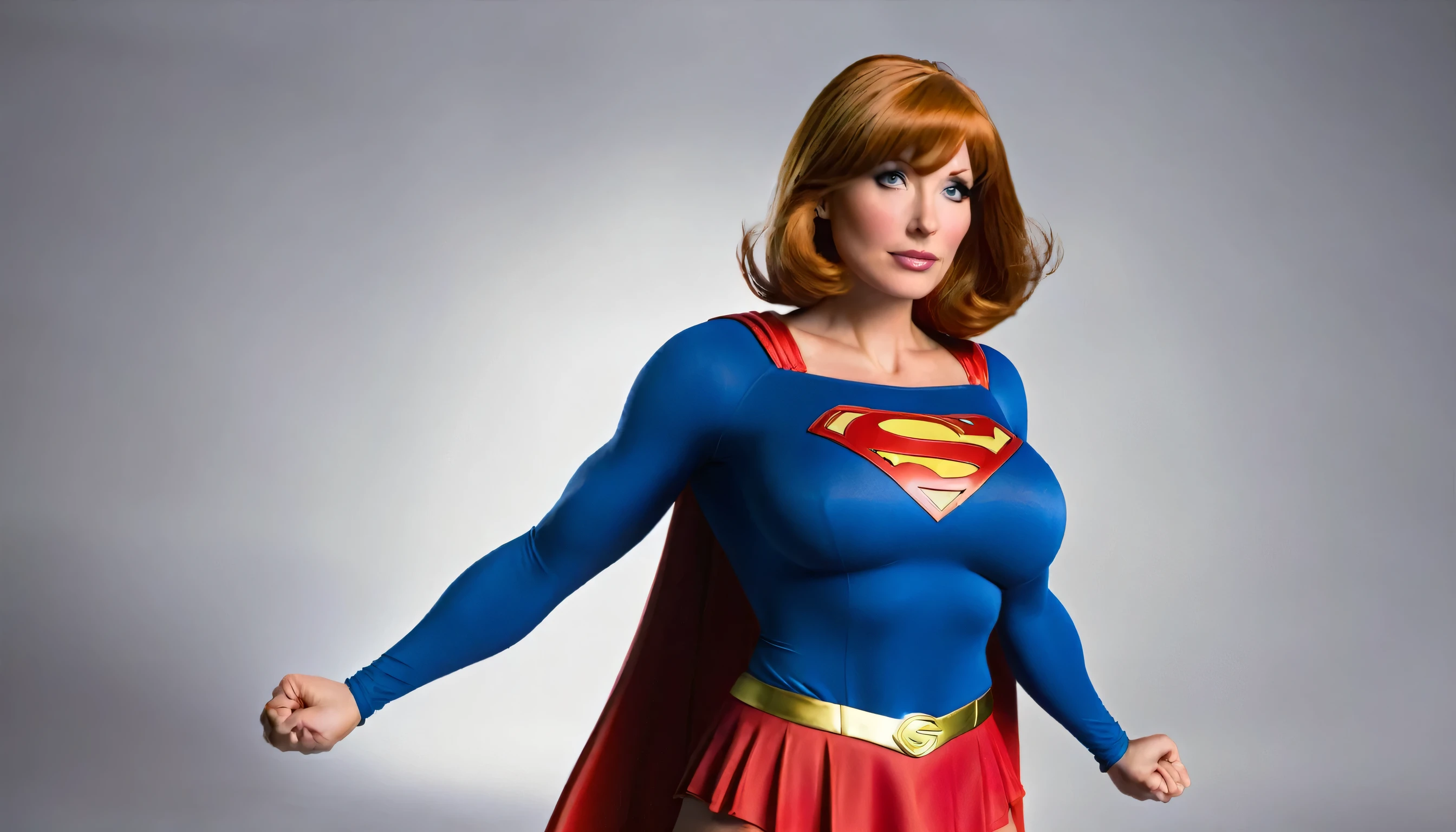 Lois Griffin é a Supergirl; (rosto perfeito: 1,3), (pele branca perfeita: 1,2), corpo perfeito, mulher (seios gostosos: 1,3), crossed arms; Poderoso; pose de Supergirl(((peituda grande))).