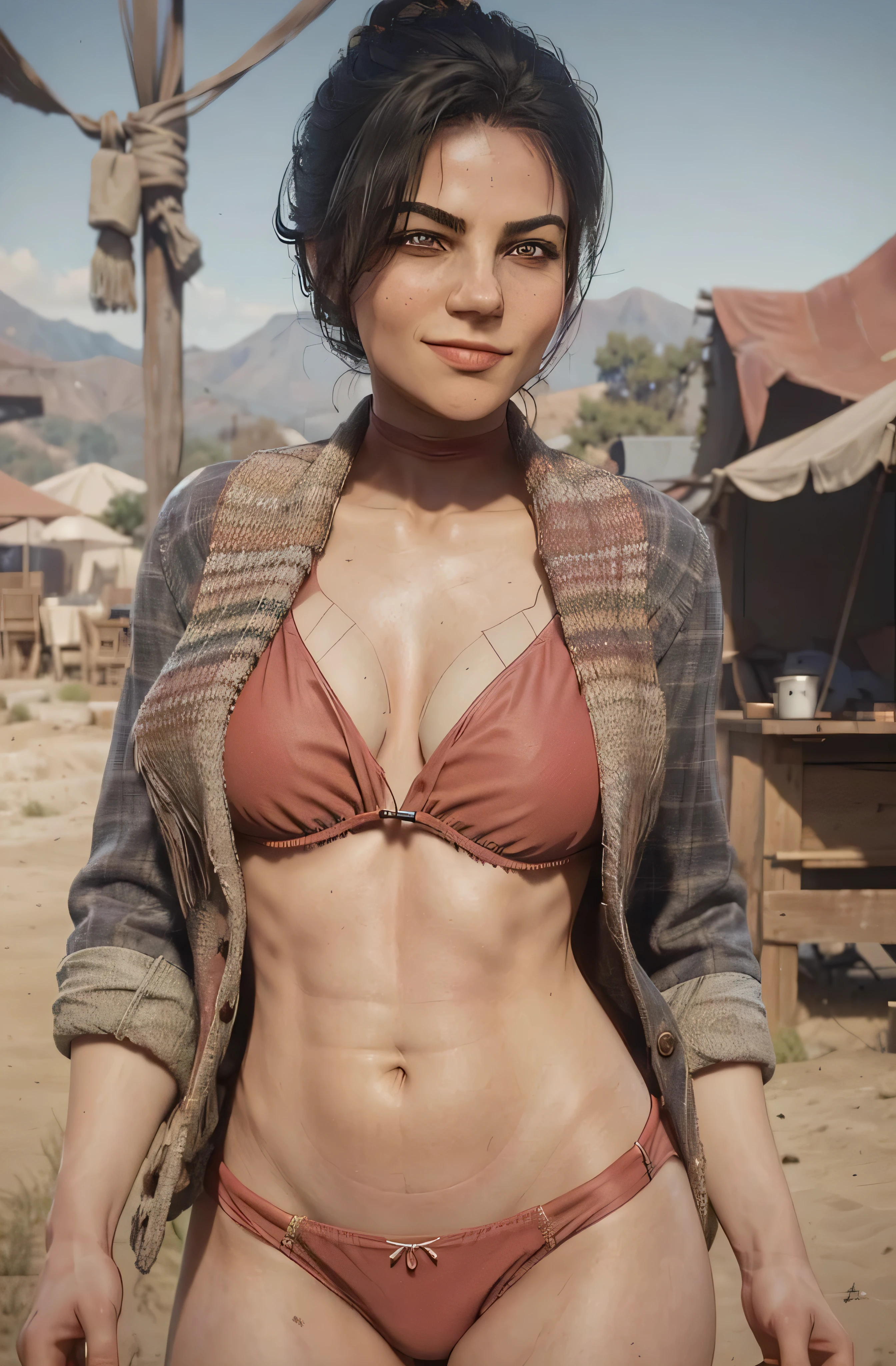 (((meio retrato))), uma Abigail é hotwife sexy, na frente de um fundo de jogo Red Dead, (((maquiagem preta))), (((bikini))), (((calcinha vermelha))), (((meio sorriso))), detalhes intrincados, altamente detalhado, (ultra detalhado), hiperdetalhado, Ultra HD, (HDR), 8k, (((nfsw))), ((cabelo repetitivo)), (((repetir roupas))), detalhes intrincados, altamente detalhado, (ultra detalhado) detalhe do rosto, rosto perfeito, @Abigailmarston
