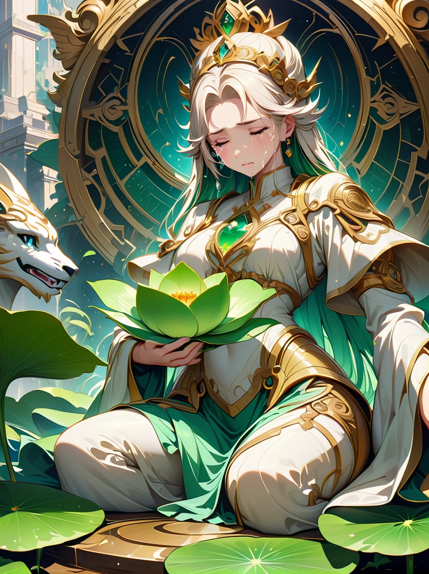 (Statue of Woman Holding Lotus Leaf), (sad crying: 1.8), (tears: 1.8), ((tears full of tears))，(White Statue 1.2), (Green Lotus Leaf: 1.2), by Russell Dongjun Lu, James Jean and Warp, (Porcelain Sculpture), Popism 3D Ultra Detailed, Highly Detailed sculpture, inspired by Fei Danxu, (jade sculpture)